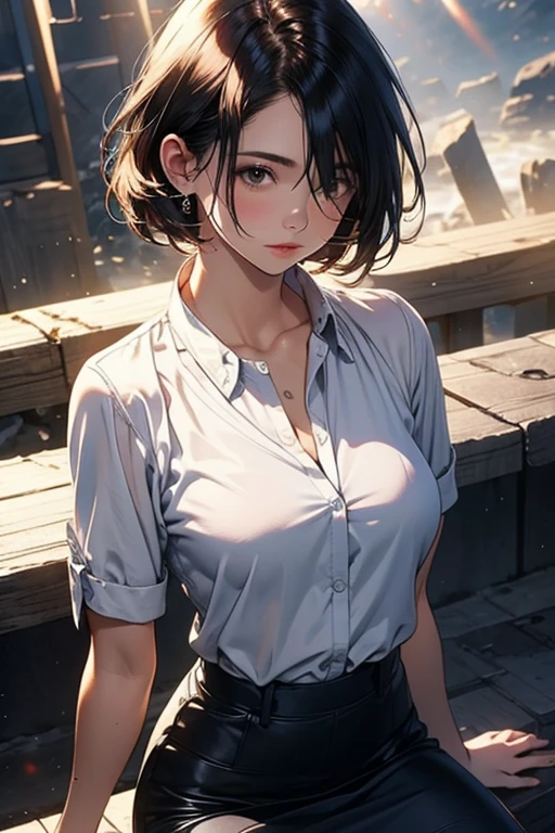 (((perfect anatomy:1.2,realistic:1.4,RAW Photography:1.4,masterpiece、highest quality、Ultra - High resolution、High resolution、Highly detailed CG、8K))),cowboy shot,1 female,solo、18 year old beauty,Japanese,((beautiful detailed face and eyes:1.3,big gorgeous eyes:1.3,gray eyes)),black hair,short bob hair,blunt bangs,blush,(medium breasts,slender body,small head:1.3,skinny),(gleaming skin:1.4,oily skin,shiny skin),((Dirty body and clothes:1.5、sweat:1.5)),(White collared shirt、Pleated black mini skirt)、Port warehouse district、container、at night、moonlight,