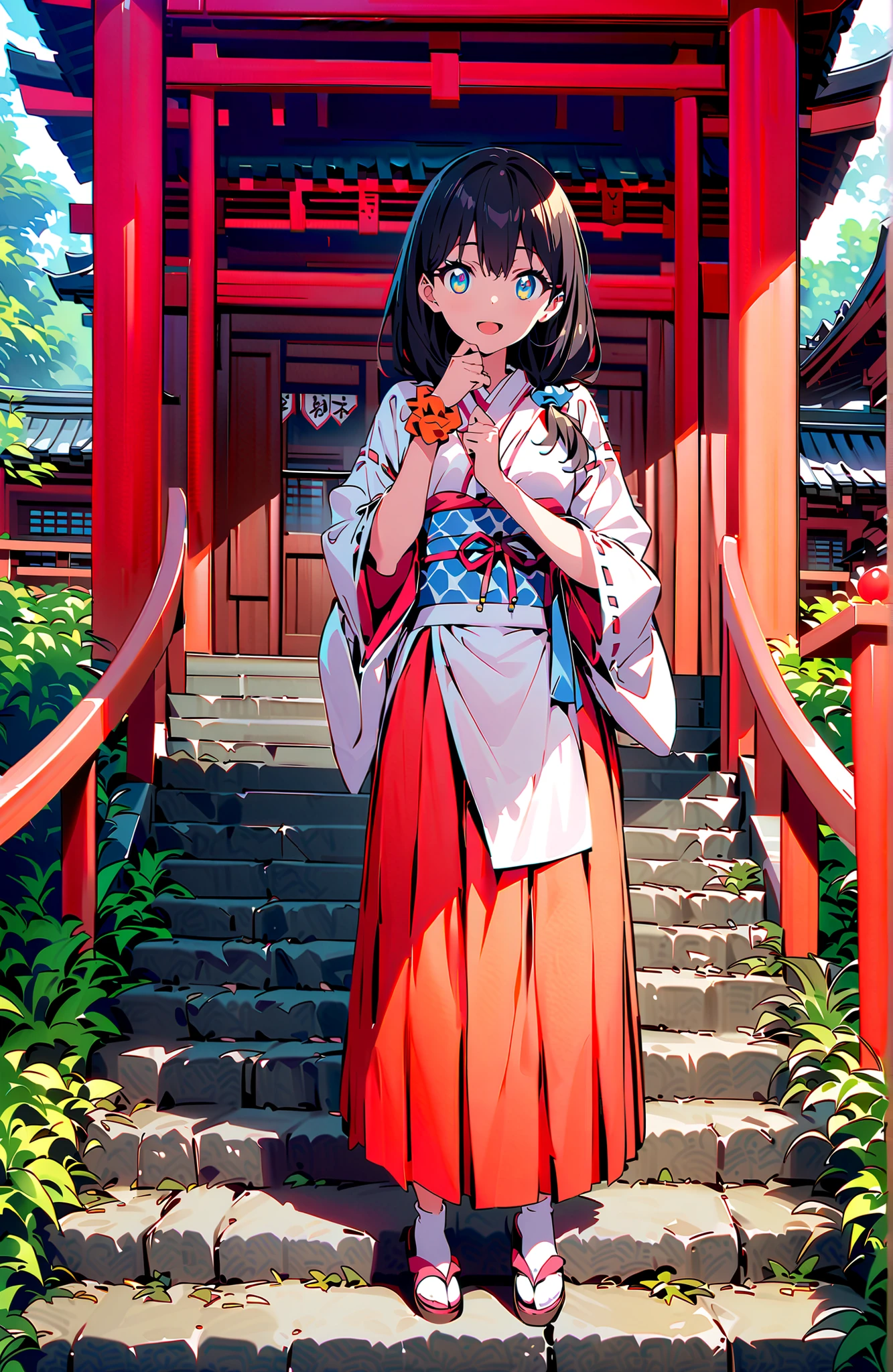 score_9, score_8_up, score_7_up, source_anime, It's because of Rikkata, black hair with a young pattern, blue eyes, long hair, orange scrunch, scrunchie, Wrist Scrunches , smile,cover,Open Your Mouth,Orange wrist scrunch, Shrine maiden, kimono, object, Red Hakama Skirt , Wide Sleeves, long sleeve, ribbon trim sleeve,Sandals, white socks, standing on a stone staircase,noon,full bodyがillustrationsに入るように,break outdoors, shrine,
break looking at viewer,full body,
break (masterpiece:1.2), Best Quality, high resolution, Unity 8k 壁紙, (illustrations:0.8), (beautiful detailed eyes:1.6), very detailed face, so that it fits into the illustration, Extremely Detailed CG, (perfect hand, perfect anatomy),