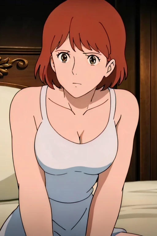 Nausicaa, 1girl, solo, cute, blush, slim, brown hair, (looking at away, cleavage), upper body, large breasts, (white tanktop), sit, bed, (perfect detailed anatomy, beautiful face&eyes, perfect body)