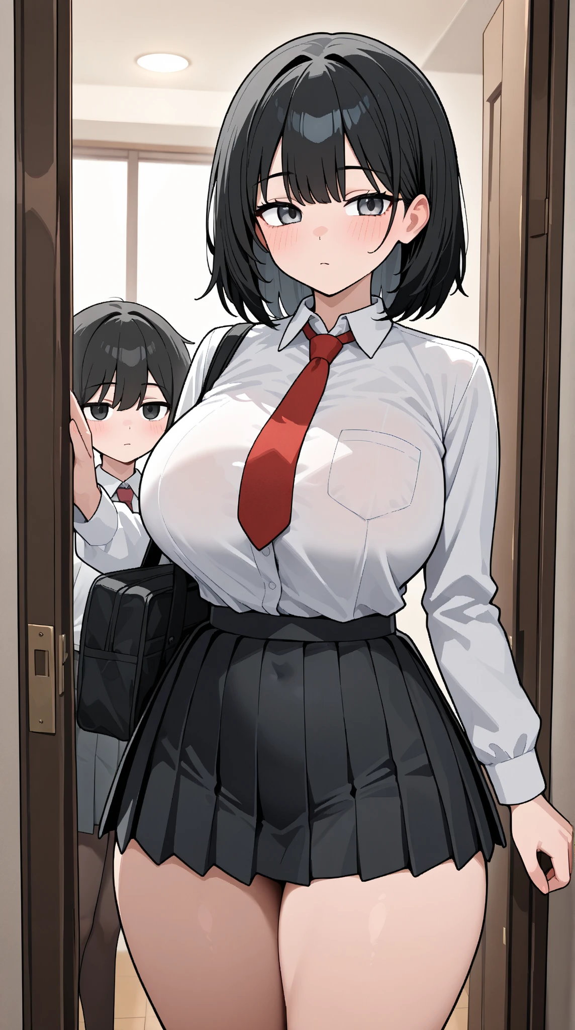 masterpiece, best quality, highres, JK,huge tit,1girl,(1boy,young short boy,male ???:1.4),hug,black bow,black bowtie,blonde hair,bow,bowtie,breasts,hair bun,holding hands,interlocked fingers,long hair,looking at viewer,pink hair,pleated skirt,shirt tucked in,short hair,skirt,smile,tented shirt