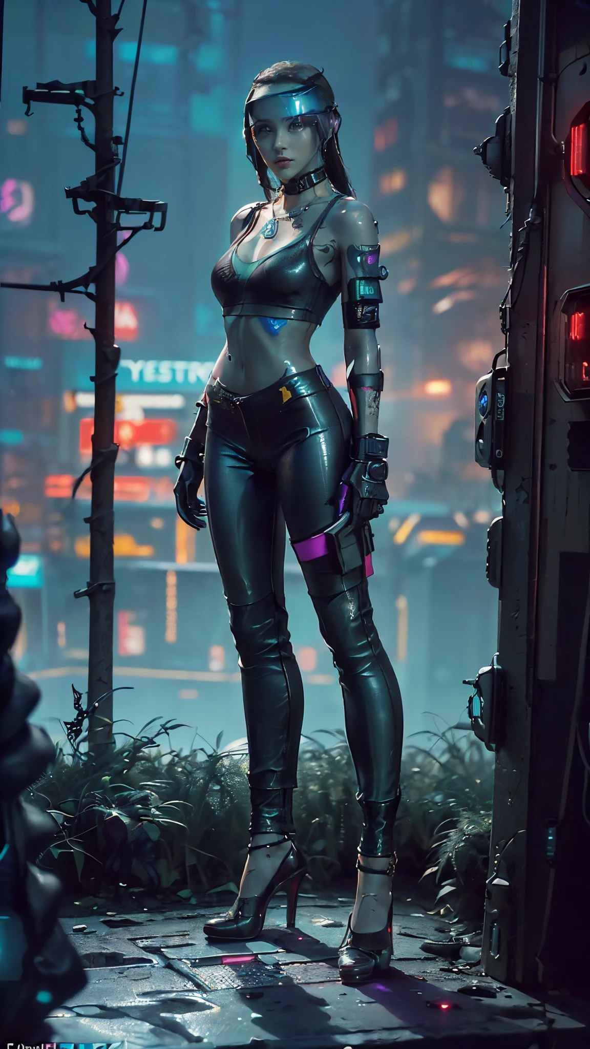 Beautiful full body shot of Reika Shimohira as a Nekomata catgirl, slender body, slender hips, big breasts, wearing full ((heavy cyberpunk armor)) with neon trim, ((leather tech jacket)), cat ears, cat tail, science fiction, cyberpunk city in the background, Gantz, In the Style of Cyberpunk 2077, Ultra realistic photo, masterpiece, best quality, CG, wallpaper, HDR, high quality, high-definition, extremely detailed, {beautiful detailed face}, {beautiful detailed eyes}, (detailed light){{intricate detail}}, {highres}, ((detailed face)), neon light, chiaroscuro, key visual, intricate detail, highly detailed, breathtaking, vibrant, cinematic