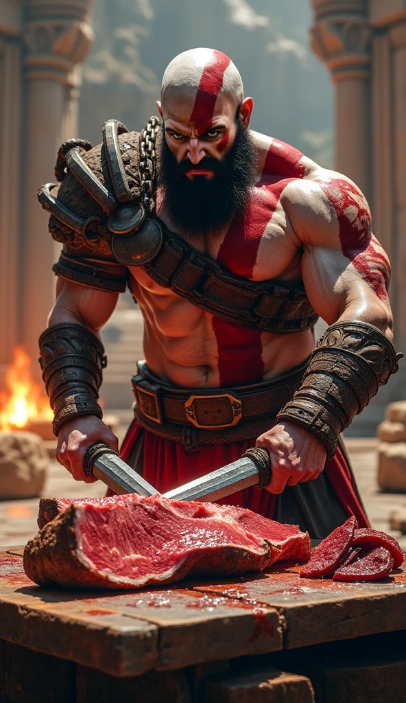 kratos god of war, naked, big penis, masturbandose, ejaculating on a pizza 