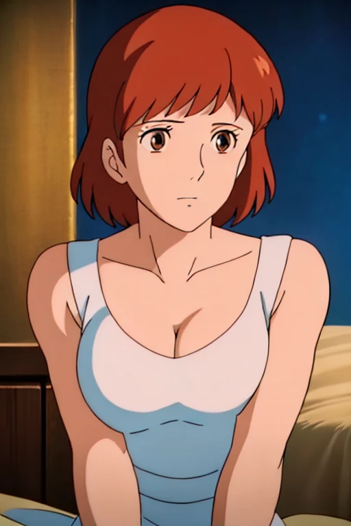 (masterpiece, highest quality, High resolution, anime screenshot, anime color, 8K, realistic), Nausicaa, woman, mature woman, wife, alone, brown hair, (looking at the viewer), huge breasts, cleavage, (white bra), Upper body, forest, (perfect detailed anatomy, beautiful and detailed face&eye, shiny skin, perfect body)