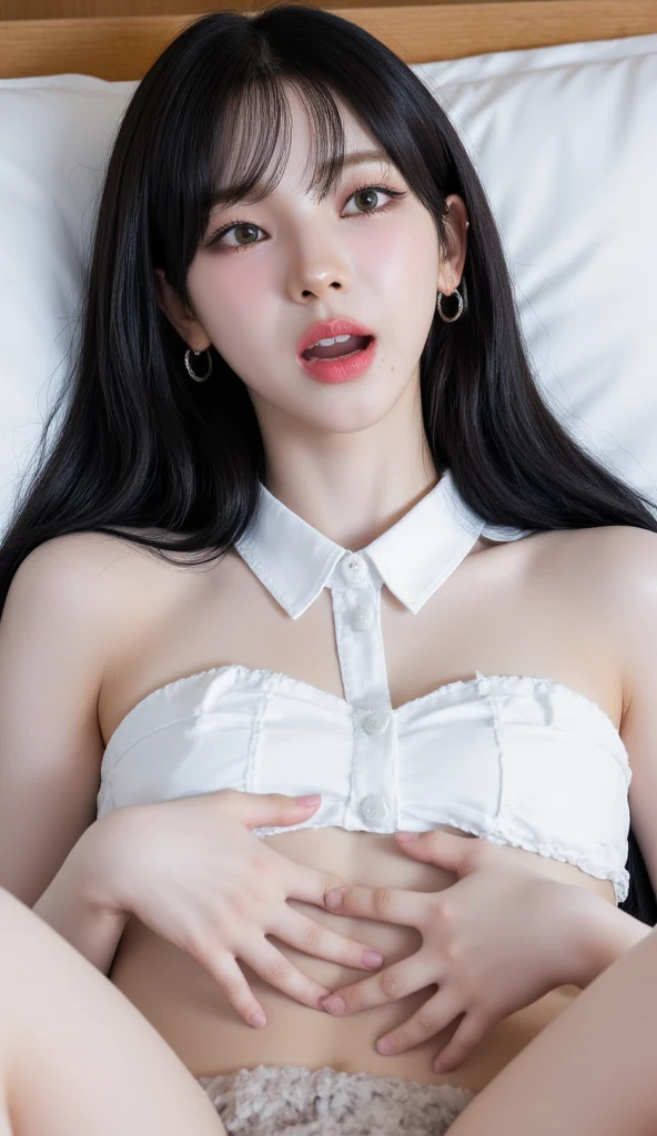 ollarbone,white colors t-shirt,off-shoulder look,bare shoulder,midriff peek,Denim mini skirt,open mouth,(tongue out:2),lying,front view,upper body,Embarrassed,(1girl,Beautiful 14 year old girl),((Slender,Small breasts,Small face,)),(looking at viewer),Black Hair,bangs,one side up,Beautiful and detailed,(Dimly lit room:1.5),Simple Background,White bed,pillow,best quality,Brilliant Quality
