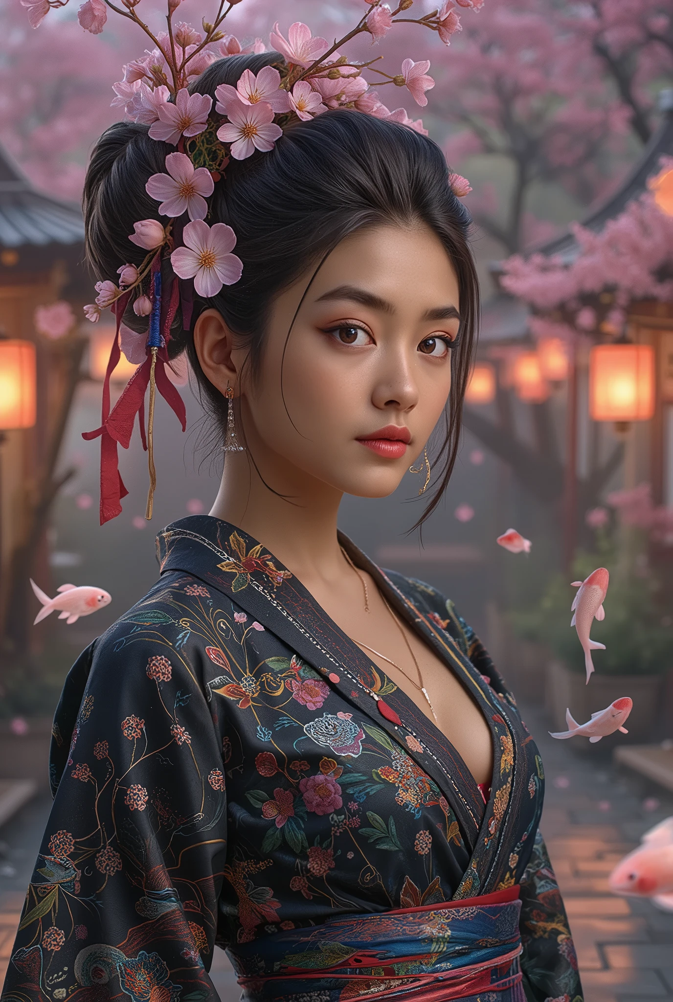 A breathtaking portrait of a woman in a deep V-neck kimono-style top, medium breasts, huge cleavage, combining elements of Japanese ukiyo-e art with the surreal, high-tech aesthetics of cyber-futurism, high-tech aesthetics of cyber-futurism, Inspired by the styles of Katsushika Hokusai and Masamune Shirow, with an enhanced cinematic and ethereal touch, deep V-neck kimono top, digital cherry blossom patterns, glowing subtly in the ambient light, Her hair is an intricate masterpiece-styled in a futuristic geisha updo and branch outwards like the tree limbs, each branch adorned with abundant blooming flowers, glowing with a soft, cherry blossoms radiant that illuminates the surrounding hair, ethereal and nature-inspired aesthetic, The hairline that fell down covered part of the face and reached the waist, Her eyes reflect a dreamlike, almost liquid luminescence, capturing the depth of an AI-infused soul, The background is a fusion of nature and advanced technology, where a tranquil Japanese garden intertwines with cybernetic elements, integrated futuristic architecture, merging with traditional wood, glowing lanterns casting soft hues, floating holographic koi fish swimming gracefully through the air, dense sakura petal mist, sakura petals swirling in the air, subtly rippling with digital energy, enhancing the otherworldly atmosphere, The composition is deeply immersive, balancing organic beauty with cutting-edge innovation, enhanced through, the atmospheric whisper-like detailing of Midjourney Whisper FLUX LoRA. The lighting is soft yet cinematic, highlighting the intricate textures of fabric, skin, and surrounding digital elements, creating an image that feels like a living dream—both timeless and ahead of its era. --ar 9:16 --quality 2 --stylize 850 --v 6.1