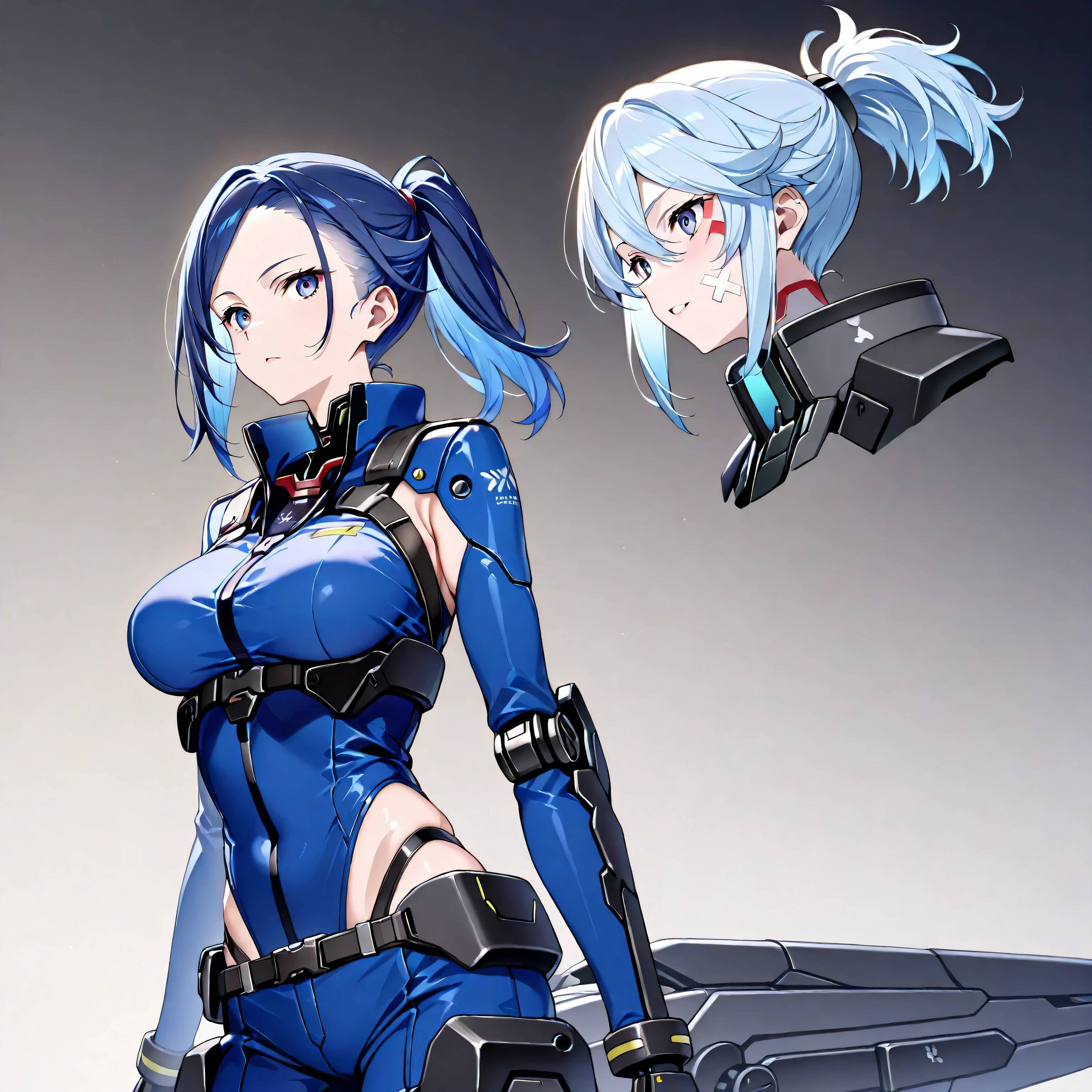 Japanese_anime_style,1figure_size_girl,(loli:1.3), (short_straight_ponytail:1.3), (light_blue_hair:1.3),black_mechanical_armor_parts,red_white_parts_black_body_suit,bare_shoulder,bare_thighs,medium_breasts,in_city_background,Stinging_eyes,(half_pupil:1.5),sleepy,thighhigh_greaves,gauntlets,dynamic_posing,bare_frank,metal_red_parts_black_armor,red_eye,
fists,1crystal_sword,hold_sword_hilt,glare,navel,large_mechanical_parts,happy,waist_armor,open_mouth,rise_legs,apart_legs, (very_long_bangs:1.3), (hair_over_one_eye:1.5),(long_bang_covers_right_half_of_face:1.5),
covered_pussy,