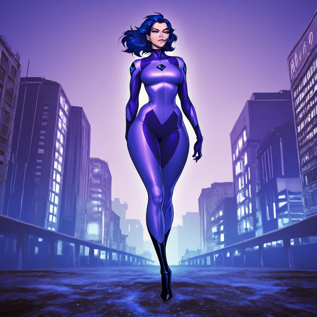 (masterpiece, best quality,ultra highres), (movie poster art,title of "x-men"),In the center of the poster, girl is posing,(,(darkblue wavy-short hair),thick eyebrows,middle small breasts),(wearing "magneto" costume),blue skin,