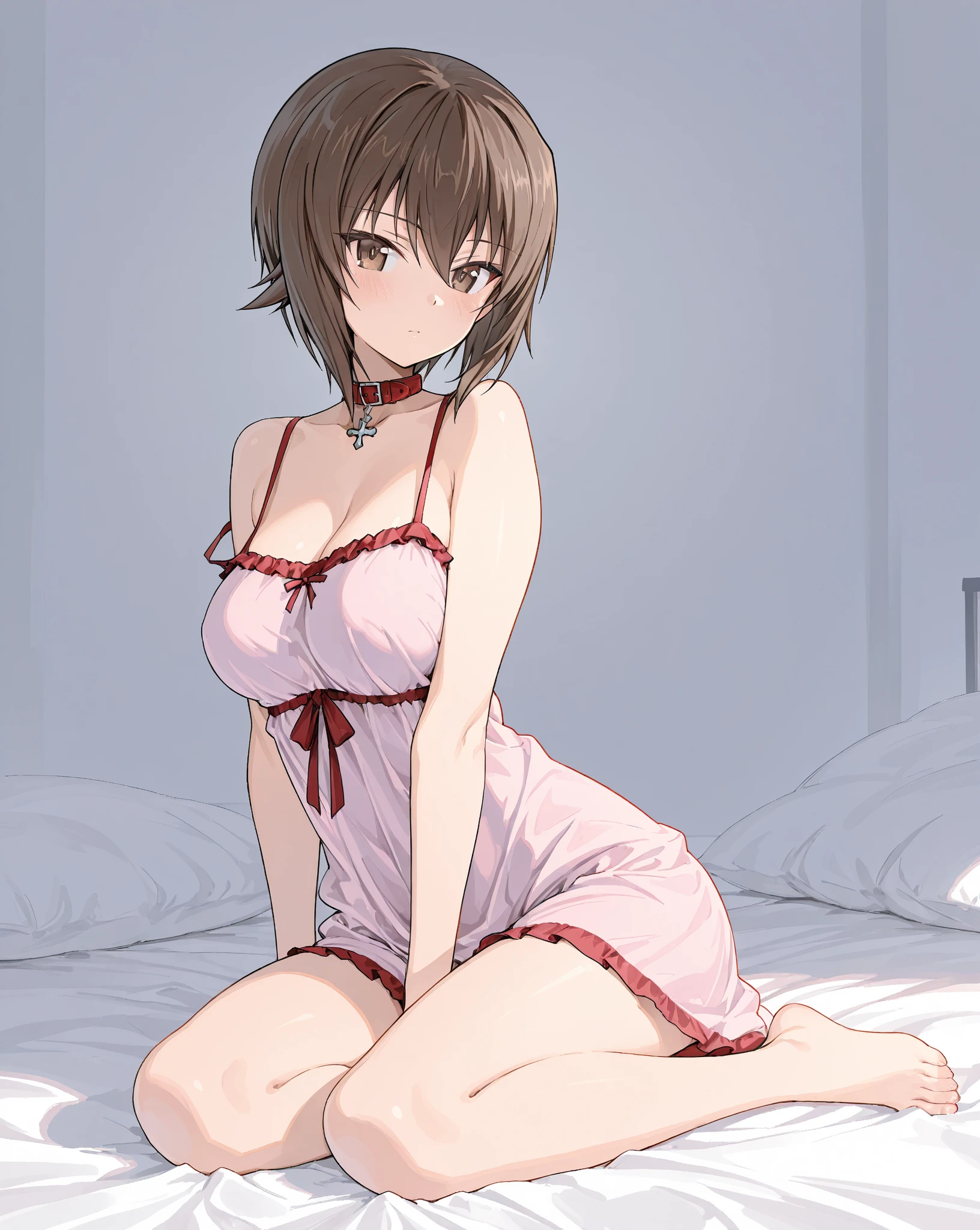 A girl in stockings and a transparent negligee spreads her legs, looking to the left, with chestnut hair, sitting in a rocking chair.