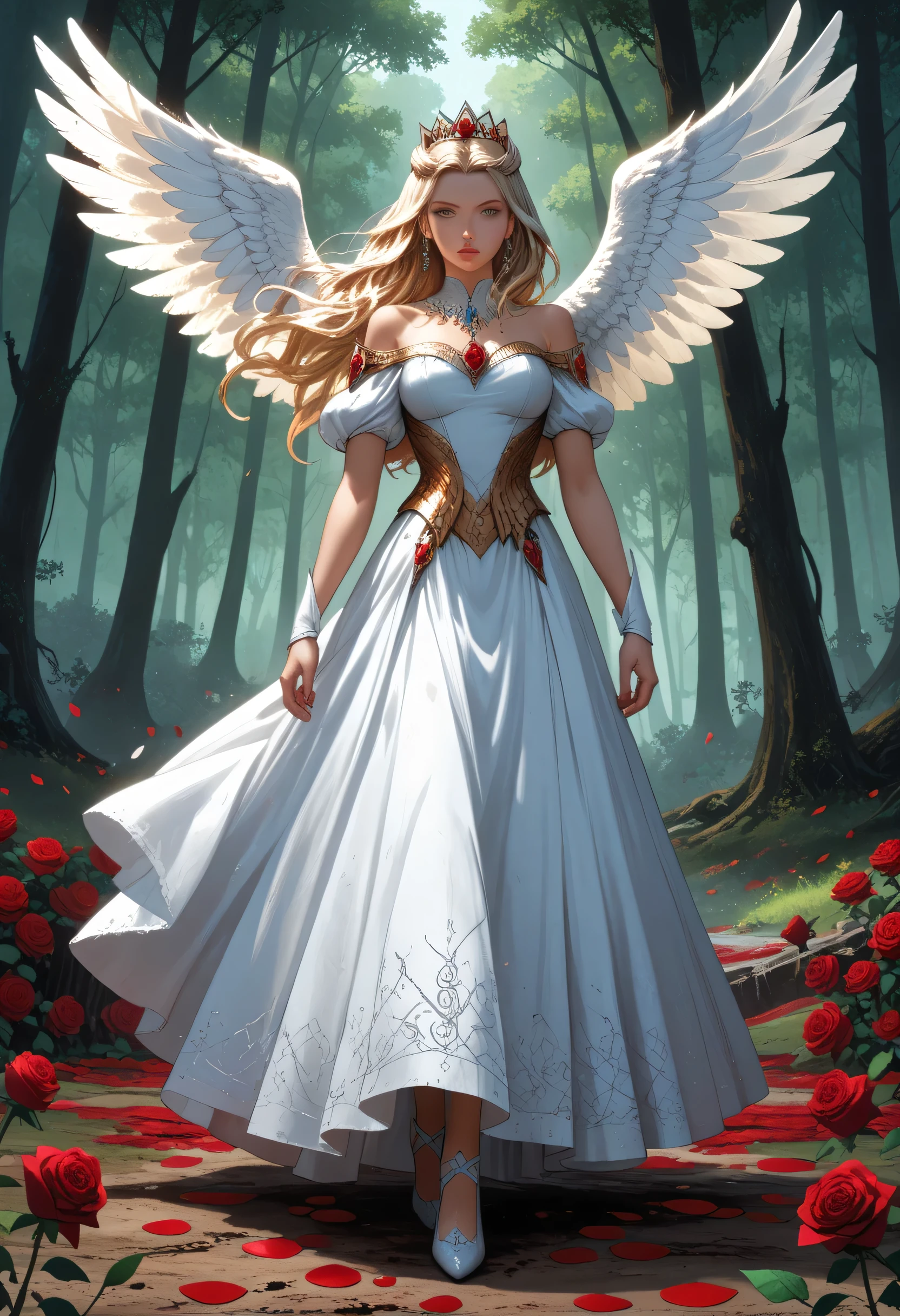 score_9, score_8_up, score_7_up, score_6_up, score_5_up, score_4_up,, anime comic illustration fantasy art, an of an a beautiful female angel standing in forest, red rose petals swirling around the angel, full body,  beautiful angel, long  hair strands, wearing intricate,  white dress, red roses are entwined on the dress, flowing rose petals, swirling rose petals, fantasy forest background, it is dawn the sun rays reflect on the angel, sun rays hit the rose petals, ((high contrast: 1.5), [[anatomically correct]], high details, best quality, 8k, [ultra detailed], masterpiece, best quality, (extremely detailed), dynamic angle, ice queen