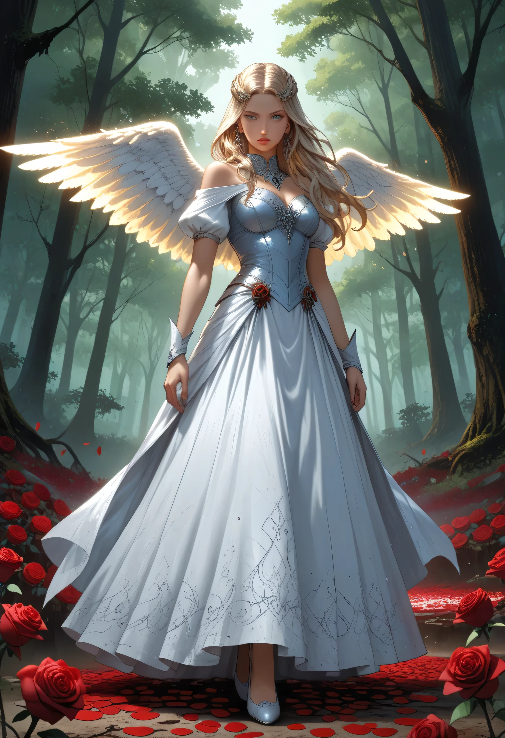 score_9, score_8_up, score_7_up, score_6_up, score_5_up, score_4_up,, anime comic illustration fantasy art, an of an a beautiful female angel standing in forest, red rose petals swirling around the angel, full body,  beautiful angel, long  hair strands, wearing intricate,  white dress, red roses are entwined on the dress, flowing rose petals, swirling rose petals, fantasy forest background, it is dawn the sun rays reflect on the angel, sun rays hit the rose petals, ((high contrast: 1.5), [[anatomically correct]], high details, best quality, 8k, [ultra detailed], masterpiece, best quality, (extremely detailed), dynamic angle, ice queen