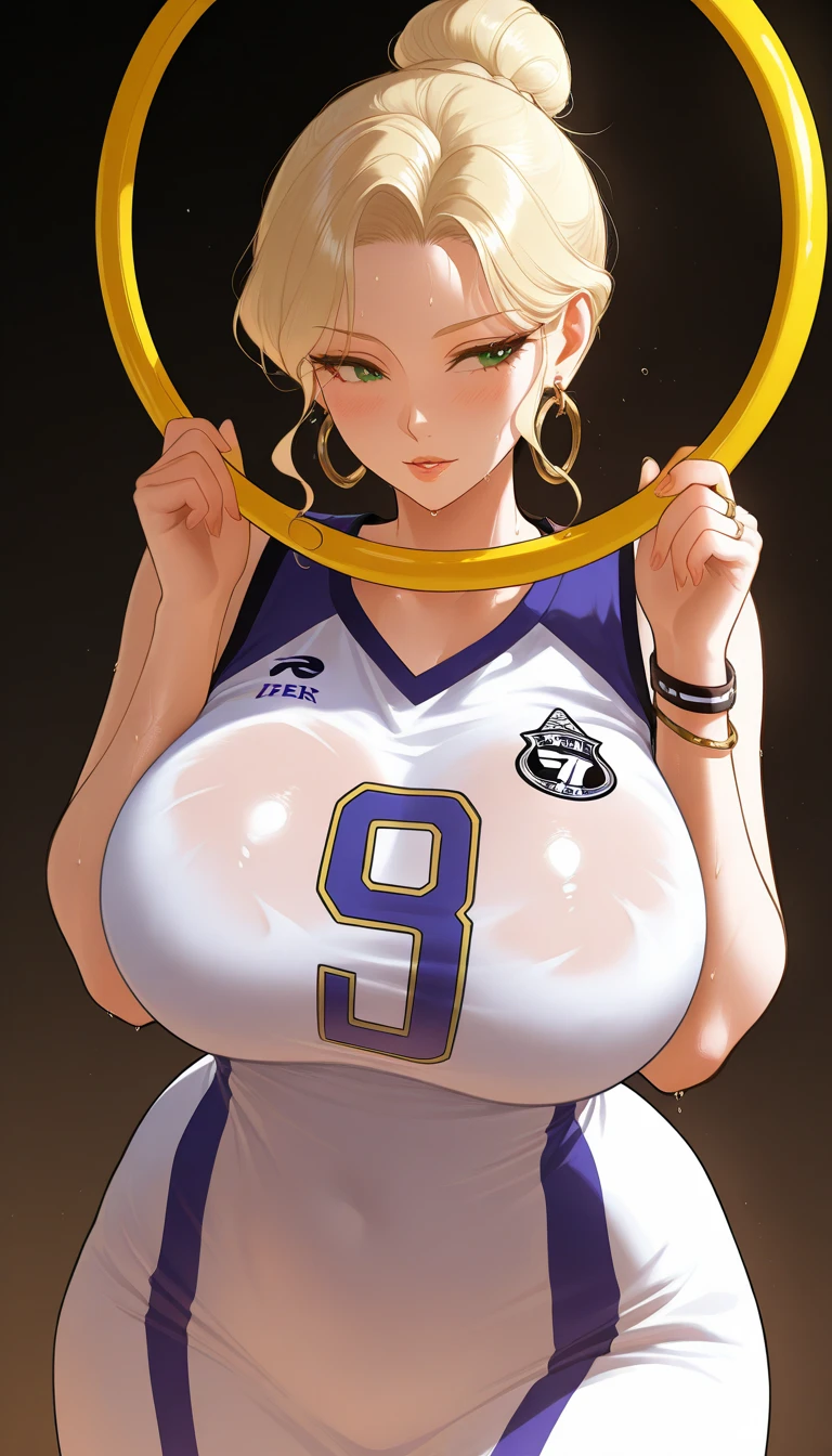 Nsfw,(highest quality,8K,32k,masterpiece),(High resolution),Super detailed,very beautiful face and eyes,1 girl,(close,highest quality,high detail,Rich skin details),(highest quality,8K,oil paint:1.2),Super detailed,tareme,
Blond hair,short hair,Lovely white clothes,Complements a variety of shades of black,There is a delicate makeup,shining face,Exquisite,Brilliantred eyes,Feel like a sweet girl,gigantic breast,nipples,pussy,(basketball uniform),basketball court,(smile:1.5),(standing naked men,penis,handjob:1.3)