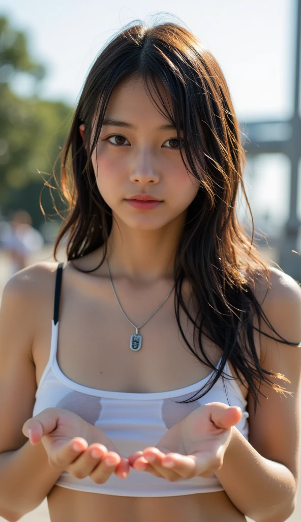 (best quality, 8K, 32k, masterpiece, Ultra high quality:1.2),Double,twin,female,韩国漂亮female人的照片,short black hair,beautiful face,(lean forward:1.3),(from above:1.2),(close up:1.4),leave,Loose T-shirt,Large Breasts,(Beautiful nipples slipping:0.9),outdoor,windy,shiny skin,Blurred background,