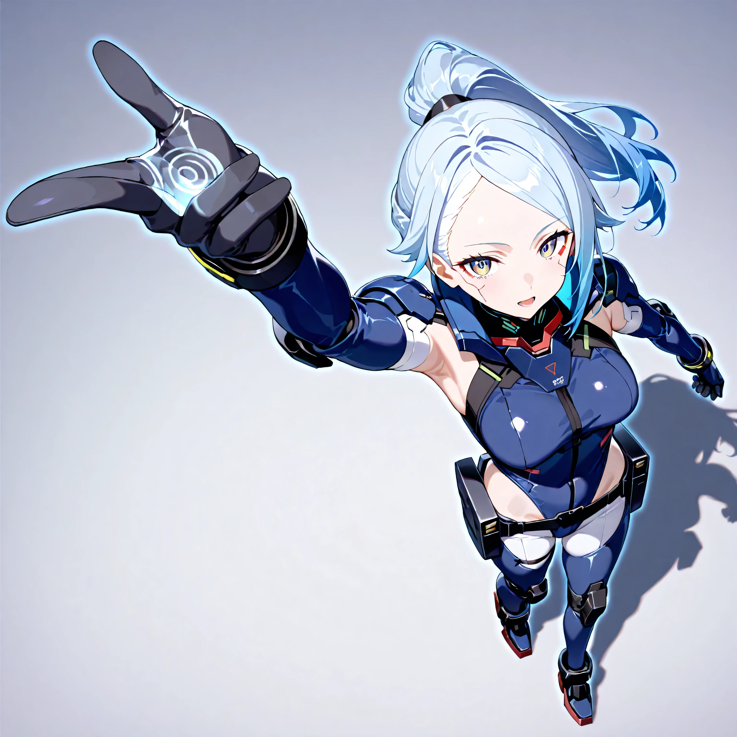 (masterpiece:1.3), (best quality:1.3), high-resolution,
watercolor pencil,
look_up_to, view straight on, upper body,
leaning_forward,
(cute1girl:1.3), solo,
white skin, small Breast, eight-headed person,
light blue hair, (blue gradiient hair:1.1), very short hair, blunt bangs, beautiful hair, blue eyes, beautiful detailed eyes,
(tongue out:1.4), open mouth, seductive smile, embarrassed, heart,
detached sleeves, Futuristic clothing, mechanical suit, Simple Costumes, earrings,
(white background:1.2), simple background,
shadowlighting,