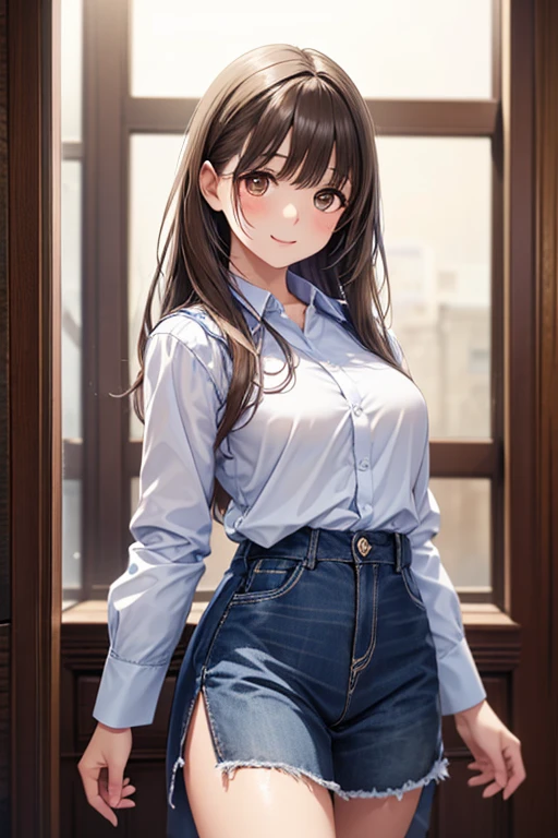 a girl wearing white shirt and half jeans, blue eyes, long hairs, seeing at viewer, standing straight in room, saying hello, cute expression, sleeves up