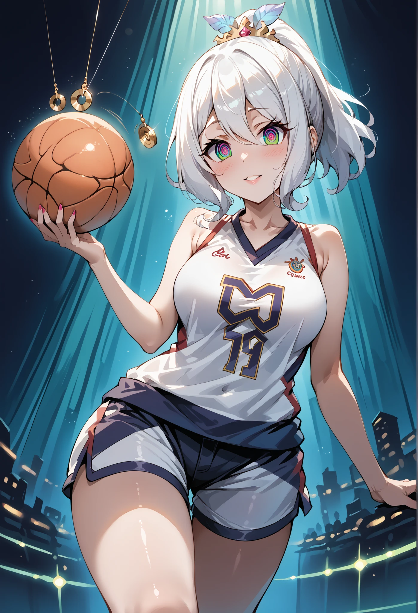 score_9, score_8_up, score_7_up, source_anime, 4K,perfect fingers,(perfect hands, perfect anatomy),prefect lighting, very aesthetic, intricate details,highly detailed background, masterpiece, high quality, best quality, high resolution,
1 girl,solo,Kokoro(Princess Connect, White Hair, large breast,,
wearing ((basketball uniform, basketball jersery, sportswear, jersey, shorts, sleeveless, )) ,,
(Hypnosis, Hypnotic state),