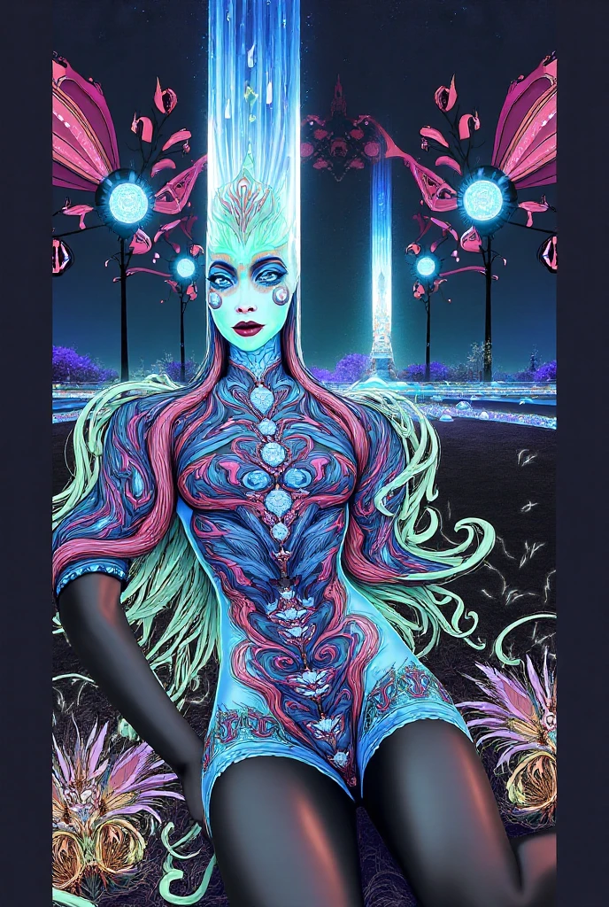 (Best quality, Masterpiece :1.3)), beautiful woman: 1.3, beautiful face, showing ass, full-body side woman, saturated colors, psychedelic image, LSD, mandala, fractral, costume, tattoo, painted body, body tilted forward, art similar to Alex Grey's art, lots of color saturation, woman, vortex, very large and colored hair, white skin, lots of resolution, lots of definition, details at most,  no blur, no blur, lots of hire, sunglasses --auto --s2