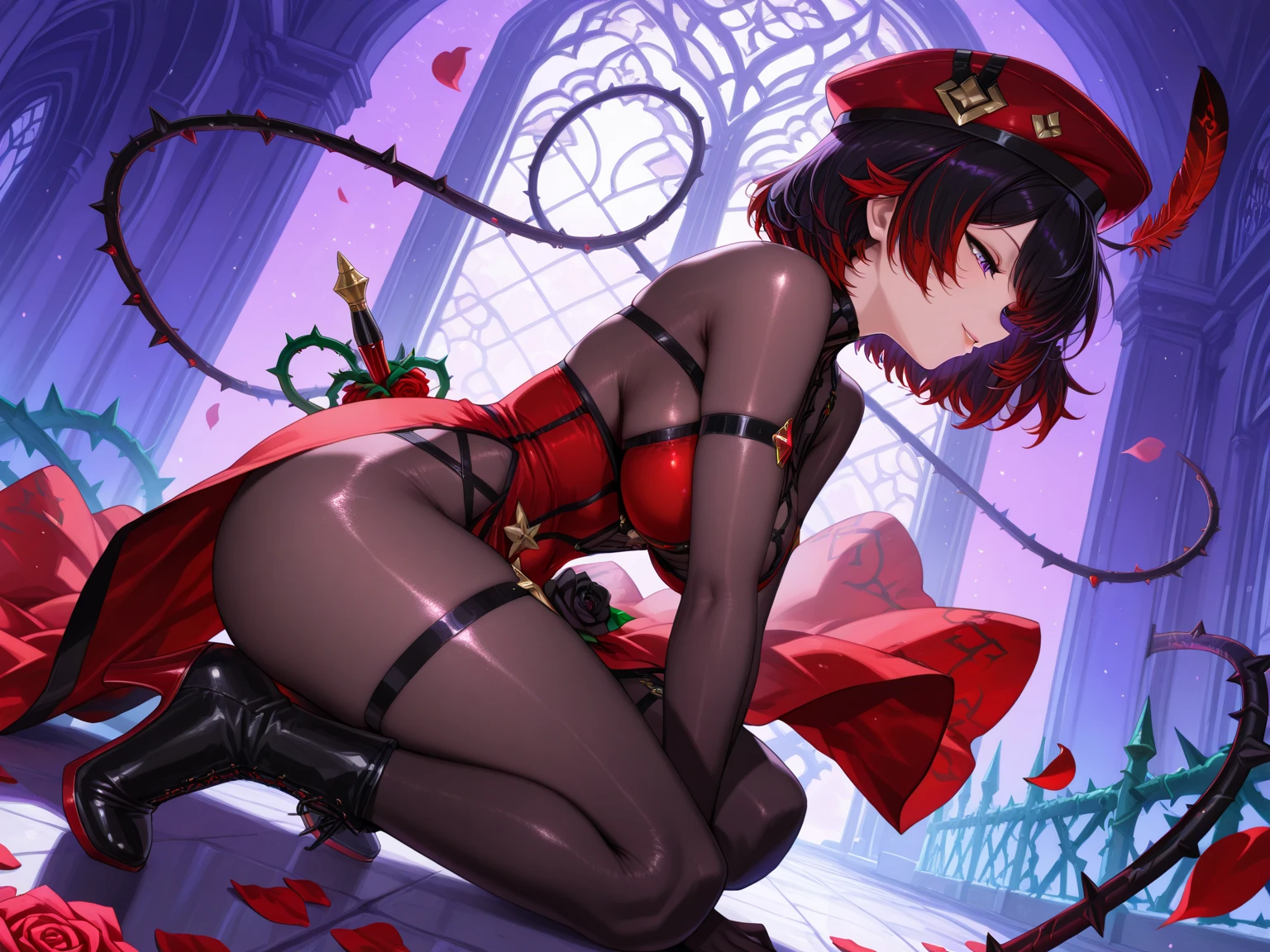 Masterpiece, best quality, absurdres, ((1girl)), , menat_holiday, light smile, dark skin, Green eyes, egyptian, bob cut, red dress, (black hood), black gloves,(shiny thighs),, , bare shoulders,sexy thighs,beautiful hip line,((solo)),,evil smile,,,in bedroom,upskirt,cat pose,doggy style,parted lips,lip,