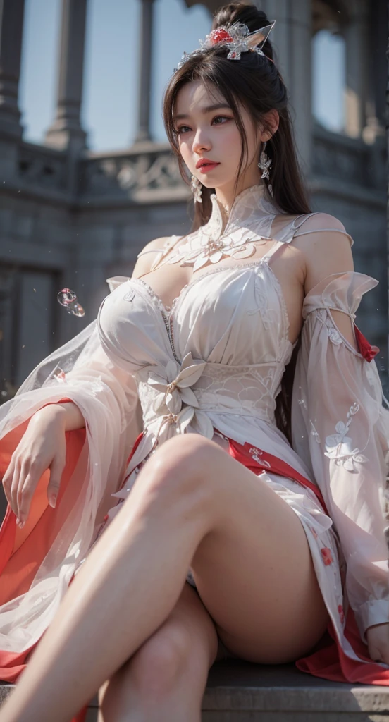 ((cowboy shot)), ((Short hemlines, sexy long legs)), ((Elegant and charming posture, random view shots)), realistic detailed photo of a giant breasted girl with exposed shoulders, detailed fingers, high quality skin, red eyes, alone in a winter scene with clouds, wind, and flowing hair, (best quality,4k,8k,highres,masterpiece:1.2),ultra-detailed,(realistic,photorealistic,photo-realistic:1.37),studio lighting,vivid colors