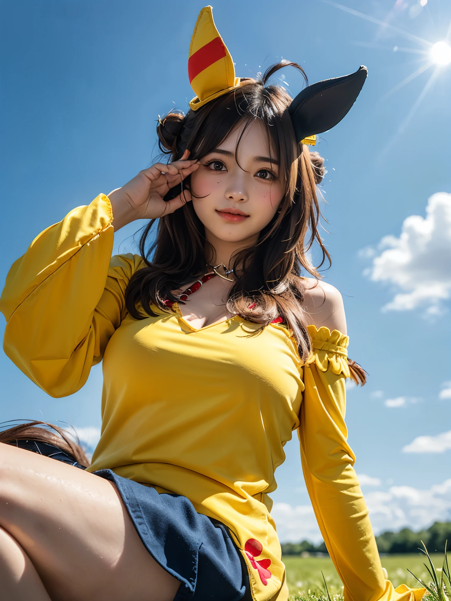 1girl, alone, (cute Japanese girl), 18yo, Young female, short stature, low height, skinny body, (smile:1.2), Looking at camera,
BREAK
upper body, (from below:1.75), (Spread legs:1,5, on the grass), (Flirtingly lifting her skirt to show her panties:1.3), stylish pose,
BREAK
Professional photo-realistic images, (16k, RAW photo, best quality, masterpiece:1.2), (realistic, photo-realistic:1.4), (extremely detailed 8k wallpaper), sharp focus, depth of field, blur background, bokeh, cinematic lighting, soft light, High resolution 16k close-up of human skin,
BREAK
perfectly round breasts, (huge breasts:1.5), (erect nipples under clothes:1.35),
BREAK
Copano Ricky \(umamusume\), horse girl, ((horse ears)), (horse tail:1.3), (hair between eyes:1.5),
BREAK
(((yellow short dress, ruffle dress, bare shoulders, off shoulder, removed sleeve, wide sleeve,))) blue gloves, beaded bracelet, (red ribbon:1.2, neck ribbon:1.2), (cleavage), bare legs,
BREAK
arafed green grass field with blue sky in the background, in a large grassy green field, blue sky and green grassland, field background, grass field, grass landscape, grassy field, an expansive grassy plain, clear summer sky background, windows xp background, clear sky background, sunny day with clear sky, grassy hill, field of grass, tall acid green grass field