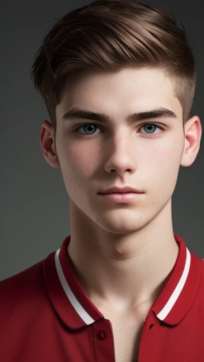 Create a Brad persona who is 15 years old, muscular in a 4x4 photo and has BPGYM written on his red shirt, make the writing bigger please