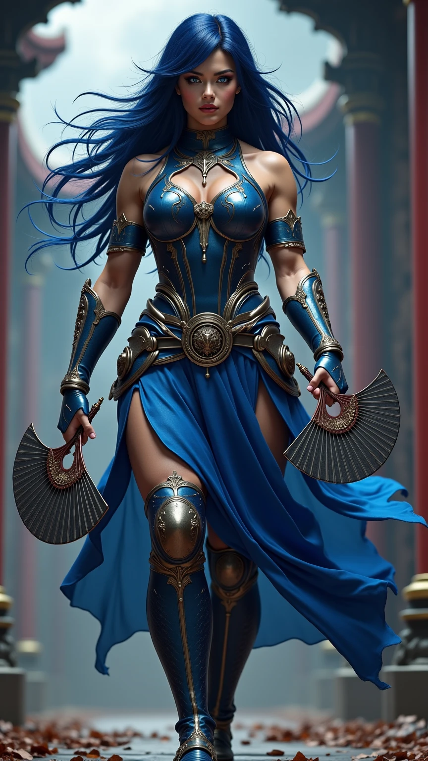 Create an image of a fierce, warrior-like female character inspired by Kitana from Mortal Kombat. She should have long, dark blue hair that flows elegantly, giving her a powerful and mysterious aura. The character should be dressed in a sleek, form-fitting battle outfit, emphasizing agility and strength. The outfit should include armor elements, such as metallic gauntlets, a chest plate, and knee-high boots, all in shades of dark blue and silver, with intricate designs. She holds a pair of large, razor-edged fans, poised for combat. The background should be a dimly lit, ancient temple or a battlefield, with an intense atmosphere that reflects her readiness for battle. The overall aesthetic should capture a blend of grace and deadly precision.