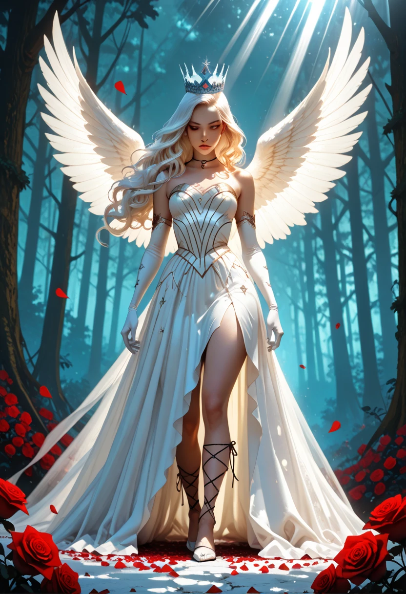 masterpiece, best quality, (extremely detailed CG unity 8k wallpaper, masterpiece, best quality, ultra-detailed, best shadow), (detailed background), (beautiful detailed face, beautiful detailed eyes), High contrast, (best illumination, an extremely delicate and beautiful),1girl, dulux,)), ((caustic)), dynamic angle,beautiful detailed glow,full body, an angel, white wings, extra large wings, white hair, long hair, white skin, glossy skin, shiny skin, golden eyes, shiny eyes, almond shape eyes, double eyelashes, pink lipstick, glossy lips, ball gown, white ball gown, off shoulder ball gown, collar bone, white heels, bright light, forest background, standing in forest, looking front,