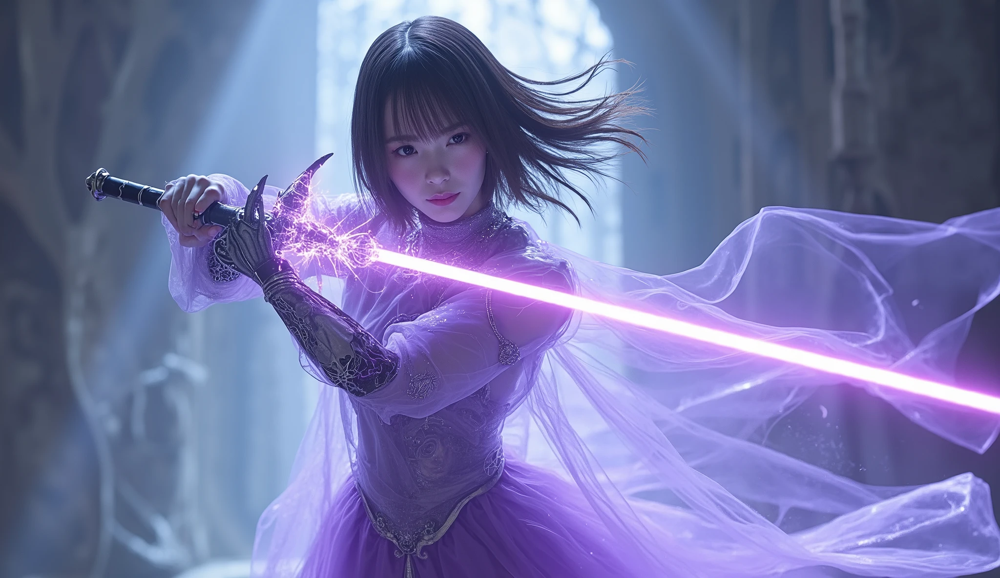
A picture of a cyborg woman wearing a clear purple dress、holding a sword with holographic details, Saint Seiya ,   Mechanical Valkyrie  ,  Genshin Impact ,  Valkyrie Anubis Mysterious , Saint Seiyaの少女, [ Tarot ]!!!!!, It's Not You , yuyushiki, Thor , Goddess of Pain - Masterpiece, Full body portrait of a magic knight  , Yuuki Hagure