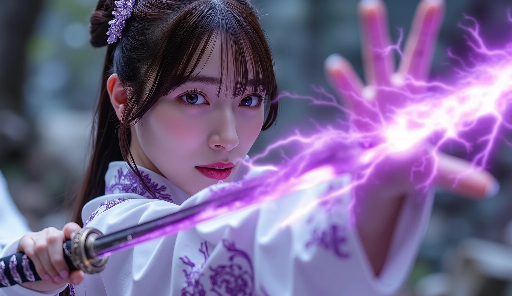 RAW photo, ( random shot, full body in frame, side view focus, Dutch angle), ((Asian Adult Female Idol, 1 person,) ( samurai, white Japanese kimono, Purple, elegant, embroidery, Decoration, Attractive,) random pose, stylish, Nice, cute, sexy), she fights enemies using a Japanese sword with a Purple aura , Focus on the head、Sephiroth、Smiling Fire Spirit((length, Burning Blonde))(( very, very big eyes that shine Purple))、Japanese-style hair ornament、,(Crystalline Aluminum, Crystal Theme:1.1),Primitive Magician of Thunder,Swirling lightning,Manipulate Lightning、vortex