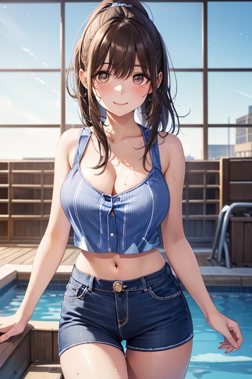 (masterpiece, Best Quality, ultra-detailed, high resolution, extremely detailed CG, official art, Professional Lighting, Perfect Anatomy, anime colors), (from below), ((Misty from pokemon)), looking at viewer, cowboy shot, perfect body, 24yo beautiful 1girl, medium hips, glamorous body,a small face,beautiful-makeup,Makeup light,Shortcut Hair,dark brown hair、Bust triple d Cup, Amazing Cleavage, thin waist, big ass, bubbly ass, round buttocks, Raised sexy, big breast: 1.2 posed cleavage:1.2, (off shoulders,Sportsbra,legginullnude), micro denim shorts, bare legs, nail_polish, pale skin, Waiting friend, (morning:1.5), tokyo, (convenience store:1.3), outdoor, (depth of field:1.3), contrapposto, (Hold a coffee in your hand:1.3),delicate beautiful face, Bright magenta eyes, cute eyes, sparkling eyes, Big eyes, (big breasts:1.3), (perky chest:1.1), (pointed chest:1.3), looking at viewer,
