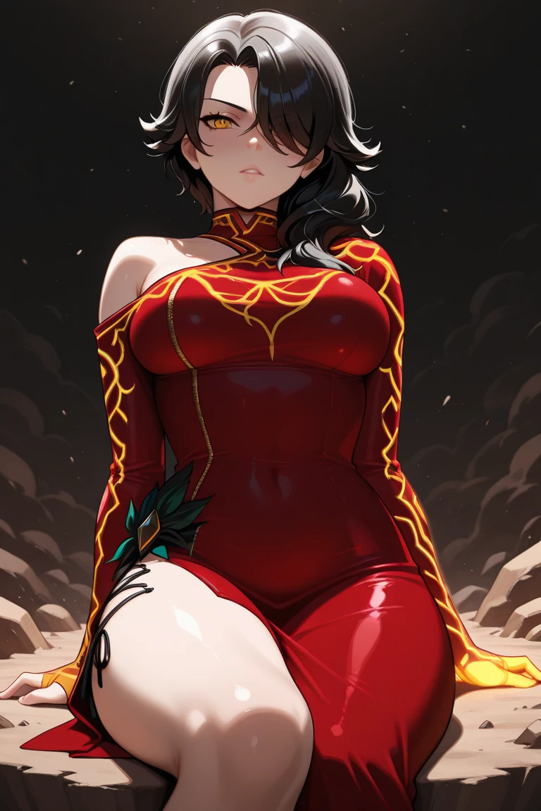 masterpiece, best quality, 1girl, cindermistral, yellow eye, (scar on face), black hair, short hair, hair over one eye, red chinese dress, looking at viewer, solo, NSFW (pubic hair) Futanari  (male genitals) (furry sheath) knot (red penis)
