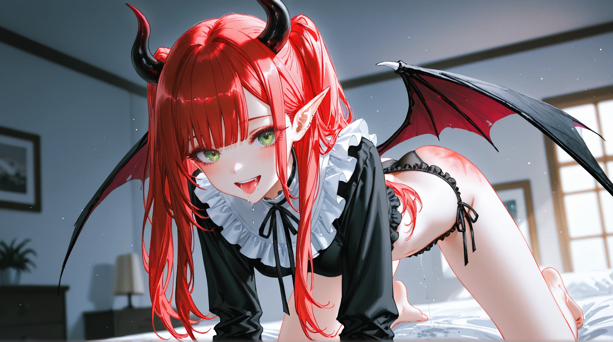 tmasterpiece,Need,PremiumQuality,1girll,Dragon girl,cow horn,Dragon's horn,red - eyed,White,Off sleeve,pointy-eared,whiteskirt,Basin curtain,Buttock slit,hair adornments,cropped shoulders,drooping chest,Wings,Dragon wings,Deep purple hair,While lying in hell,火焰,Surrounded by flames,Very sexy(She has pink tattoos on her stomach),Very sexy
