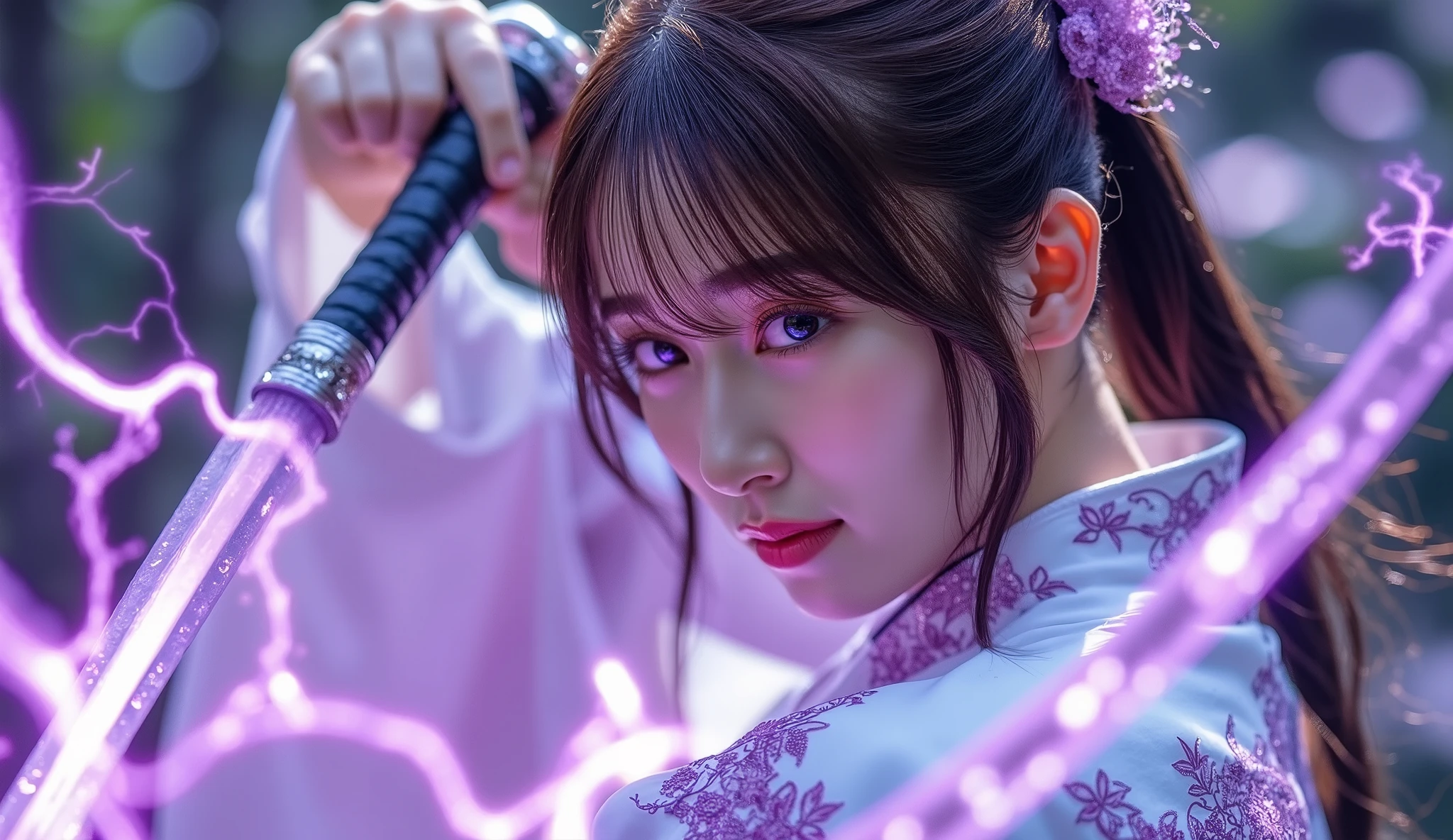 RAW photo, ( random shot, full body in frame, side view focus, Dutch angle), ((Asian Adult Female Idol, 1 person,) ( samurai, white Japanese kimono, Purple, elegant, embroidery, Decoration, Attractive,) random pose, stylish, Nice, cute, sexy), she fights enemies using a Japanese sword with a Purple aura , Focus on the head、Sephiroth、Smiling Fire Spirit((length, Burning Blonde))(( very, very big eyes that shine Purple))、Japanese-style hair ornament、,(Crystalline Aluminum, Crystal Theme:1.1),Primitive Magician of Thunder,Swirling lightning,Manipulate Lightning、vortex