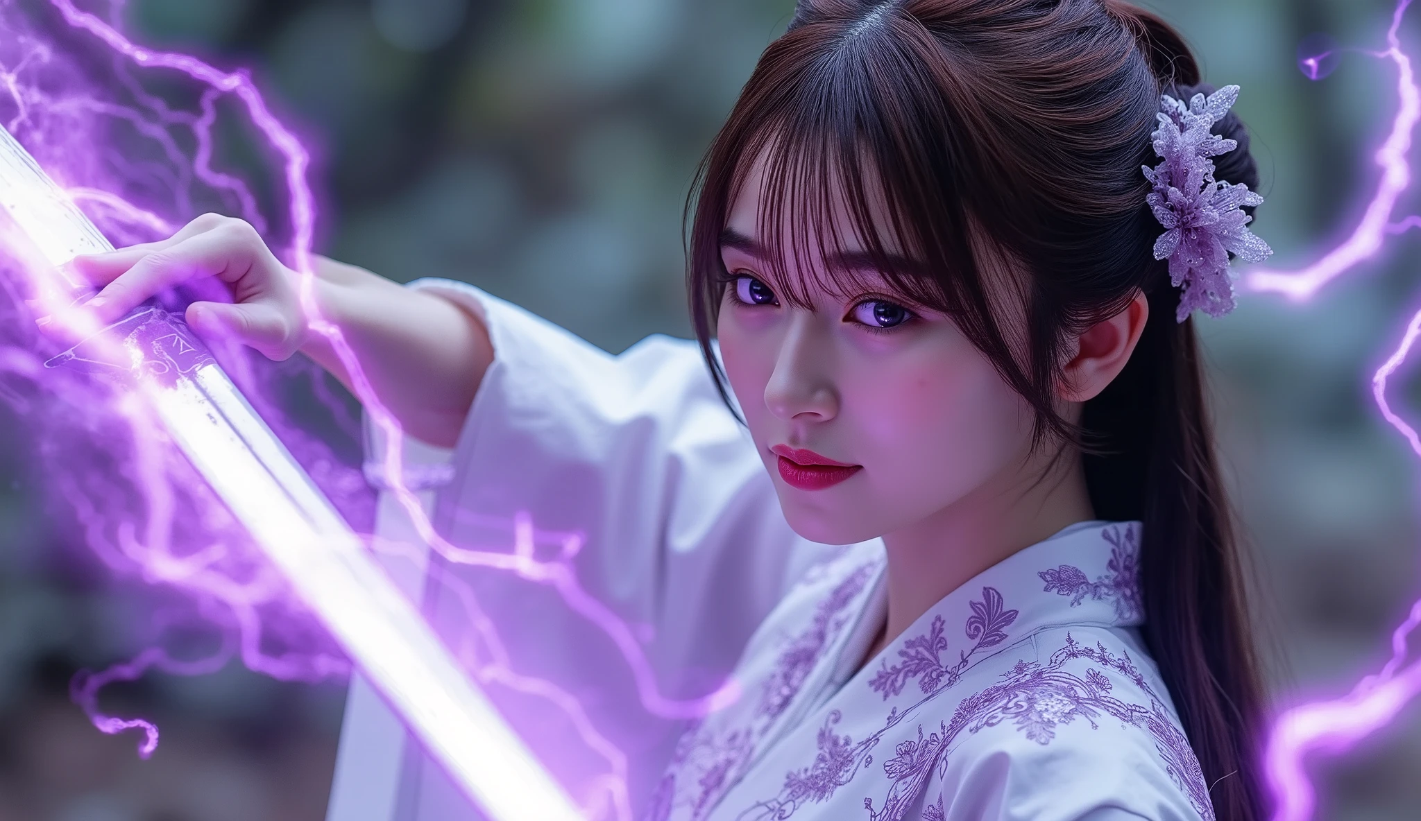 RAW photo, ( random shot, full body in frame, side view focus, Dutch angle), ((Asian Adult Female Idol, 1 person,) ( samurai, white Japanese kimono, Purple, elegant, embroidery, Decoration, Attractive,) random pose, stylish, Nice, cute, sexy), she fights enemies using a Japanese sword with a Purple aura , Focus on the head、Sephiroth、Smiling Fire Spirit((length, Burning Blonde))(( very, very big eyes that shine Purple))、Japanese-style hair ornament、,(Crystalline Aluminum, Crystal Theme:1.1),Primitive Magician of Thunder,Swirling lightning,Manipulate Lightning、vortex