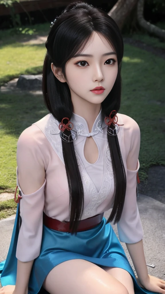 Fashion trendy beautiful and charming woman, gentle and charming Chinese beautiful woman, Korean(kpop-idol), delicate and sexy collarbone, charming oval face, double eyelids, smart [peach]blossom eyes, pink lips, small nose, bare shoulders, focus on the face, close-up of the face, Ultra-high-definition, super-detailed, the ((loose)), white off-the-shoulder shirt perfectly echoes the light blue high slit miniskirt, (chest cutout). ((black)lace panties), fresh and impressive, Natural(big breasts:1.25), (kneeling to sitting on the ground), (open your legs wide), ((spread legs)), from below angle, (glossy skin, sweaty:1.4), low angle , BDSM, Perfect figure, (nsfw:1.2)
