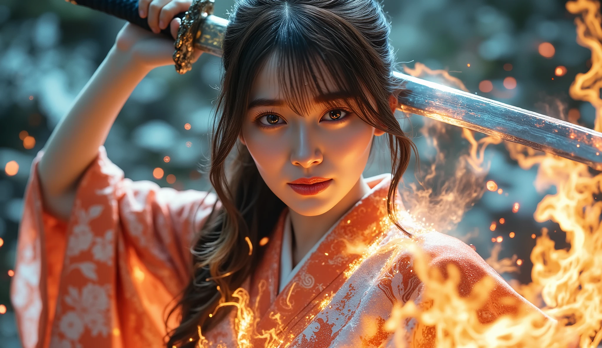 smooth, white, the smooth skin of her back, very lean body、( Japanese kimono)、beautifulヘアピン(beautiful大人々々々 Womens 1々々々)layered creases that add texture and refinement、 Video Viewer、closed my mouth(A beautiful goddess that whole body is unulfed in flames)beautiful, Place it behind my elegant and delicate arm、with a well-groomed face and accurate fingers、32K, Best Quality, masterpiece, realistic, very well detailed, pictures, high resolution, 行pictures, smoother light , Genuine, 蒼whiteい炎に包まれた体 , insufficient々New Expressions , , sharp eyesight , The shawl is wrapped around the shoulder , Shining Sword , Lightning running through an eerie sky , Flying Sparks , Bold composition,Kata 211.A cinematic portrait of a young Asian woman with a sword wrapped around her waist.The texture and contours of the fabric、腰にwhiteい絹の帯を巻いている.big fire emitting blue and red light、全身が炎に包まれていないbeautiful女神 .Swords are long, 湾曲したbeautiful光沢のある銀色の刃身は、 Black Hair Blowing in the Wind .I'm looking directly at the camera with a pretty smile