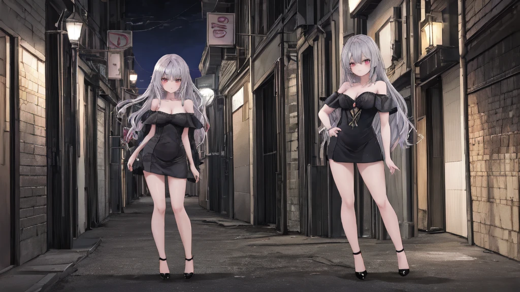 Tall pale girl, sexy (very young), (flat chest) cyber punk style, blue eyes, (white long hair), tattooed, using sexy black underwear, standing in the street during night time. 