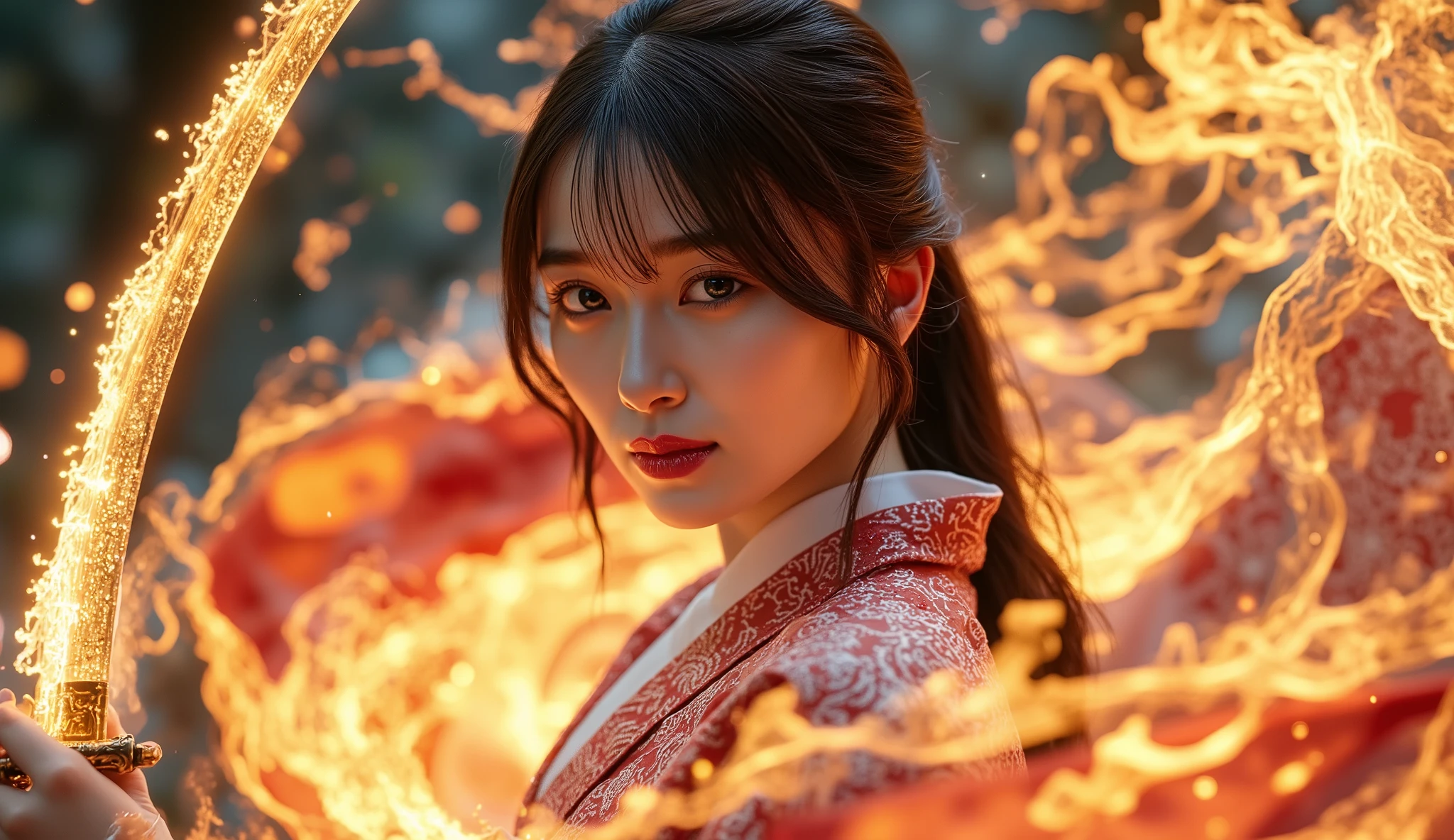 smooth, white, the smooth skin of her back, very lean body、( Japanese kimono)、beautifulヘアピン(beautiful大人々々々 Womens 1々々々)layered creases that add texture and refinement、 Video Viewer、closed my mouth(A beautiful goddess that whole body is unulfed in flames)beautiful, Place it behind my elegant and delicate arm、with a well-groomed face and accurate fingers、32K, Best Quality, masterpiece, realistic, very well detailed, pictures, high resolution, 行pictures, smoother light , Genuine, 蒼whiteい炎に包まれた体 , insufficient々New Expressions , , sharp eyesight , The shawl is wrapped around the shoulder , Shining Sword , Lightning running through an eerie sky , Flying Sparks , Bold composition,Kata 211.A cinematic portrait of a young Asian woman with a sword wrapped around her waist.The texture and contours of the fabric、腰にwhiteい絹の帯を巻いている.big fire emitting blue and red light、全身が炎に包まれていないbeautiful女神 .Swords are long, 湾曲したbeautiful光沢のある銀色の刃身は、 Black Hair Blowing in the Wind .I'm looking directly at the camera with a pretty smile