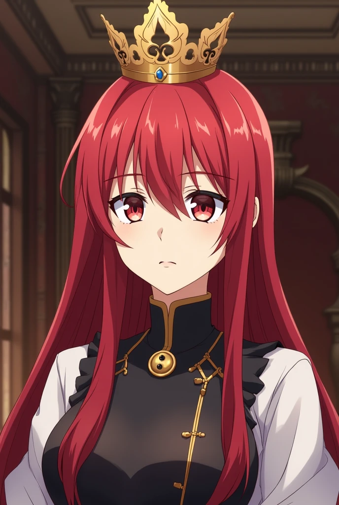 (high-quality, breathtaking),(expressive eyes, perfect face) 1girl, female, solo, age 21, young adult age, feminine face, red color hair, yellow green meadow eye color, fluffy hair, curley wavy hair, medium hair length, side ponytail, Symmetrical Eyes, portrait, bust shot, (wearing female highschool DxD uniform), Tsundere, determined expression, looking at viewer, fantasy clothing, black choker, detailed eyes, looking at viewer, red and black clothing color pallette, black cloak, highschool dxd uniform, ((half body))