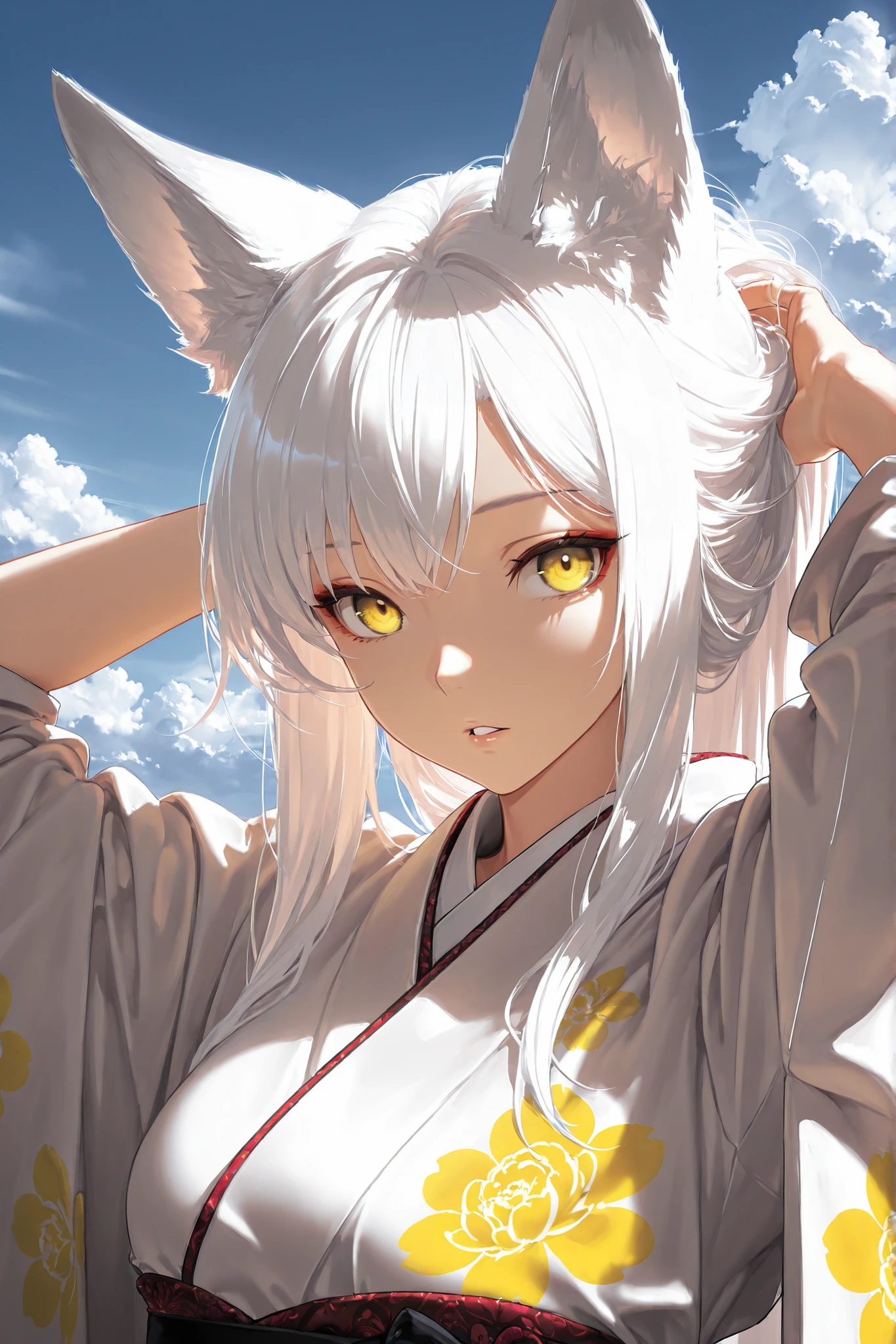 1girl, fox tail, sky, white hair, long hair, animal ears, masterpiece, yellow eyes, kitsune, parted lips, looking at viewer, kimono, floral print, outdoors, portrait, arms behind head, adjusting hair, cloud, volumetric lighting,