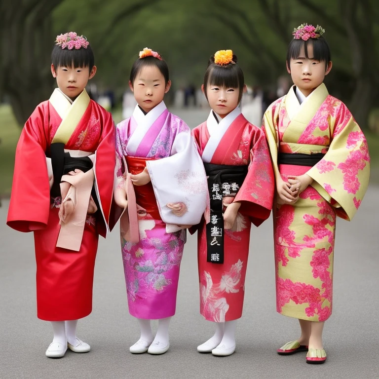 12-year-old Korean girl in a kimono next to another Japanese girl in a yukata plus a Chinese girl , the three looking towards the camera