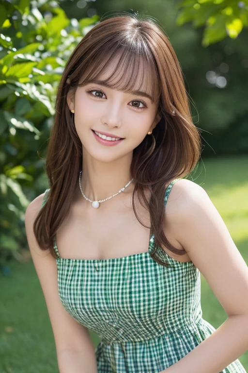 masterpiece, Highest quality, High resolution,Ultra-detailed, Stunningly beautiful woman,8k wall,one girl, (a beauty girl, delicate girl:1.3), (13 years old:1.3), break, (A casual colorful checkered dress:1.3), break, Extremely fine grain definition, (Symmetrical eyes:1.3), break, (Lush green park:1.3), break, Small breasts, Brown eyes, Parted bangs, Brown Hair, girl, break, (Eye and facial details:1.3),A smile showing white teeth,