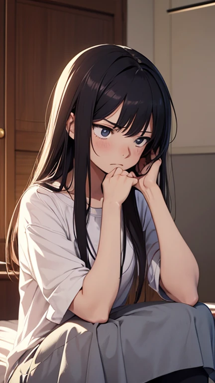 screenshot of girl from the anime Boku No Hero, long curly black hair, light blue eyes, wearing a simple white long sleeve t-shirt with a V-neckline.