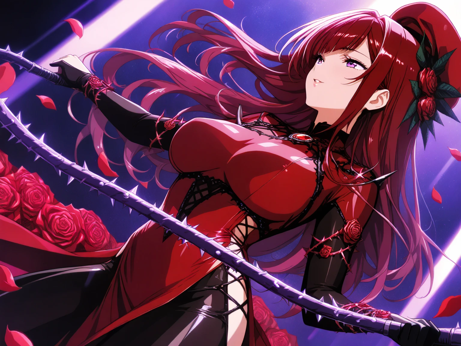 A woman wears a red purple school jacket with a tight collar, and the front button is undone to reveal the intense cleavage of her huge breasts.  You can also see a little of her nipples.  She wields a whip of thorns.  A night classroom surrounded by thorns.  A single rose in my chest, a beautiful moonlit night. 4k, best quality, realistic, detailed