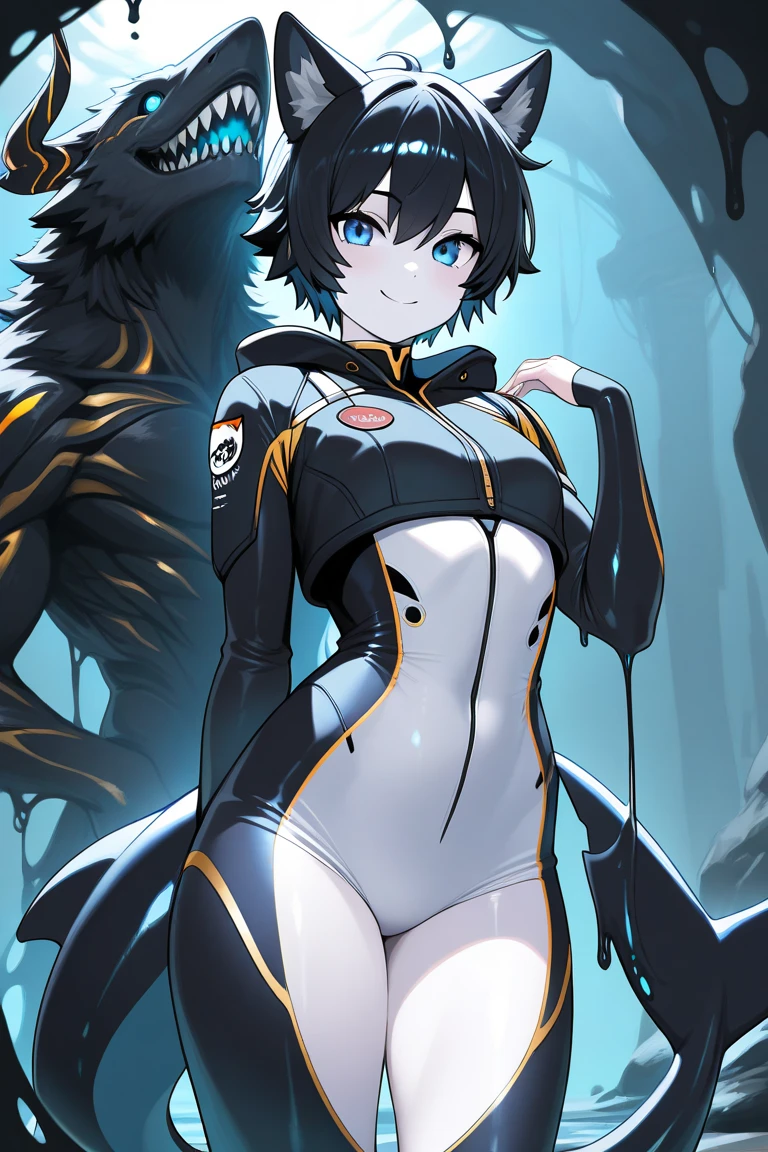 girl, standing, wolf cut, short hair, black hair, grey eyes, bikini, bust, masterpiece, good anatomy, amazing quality, 4k, messy hair