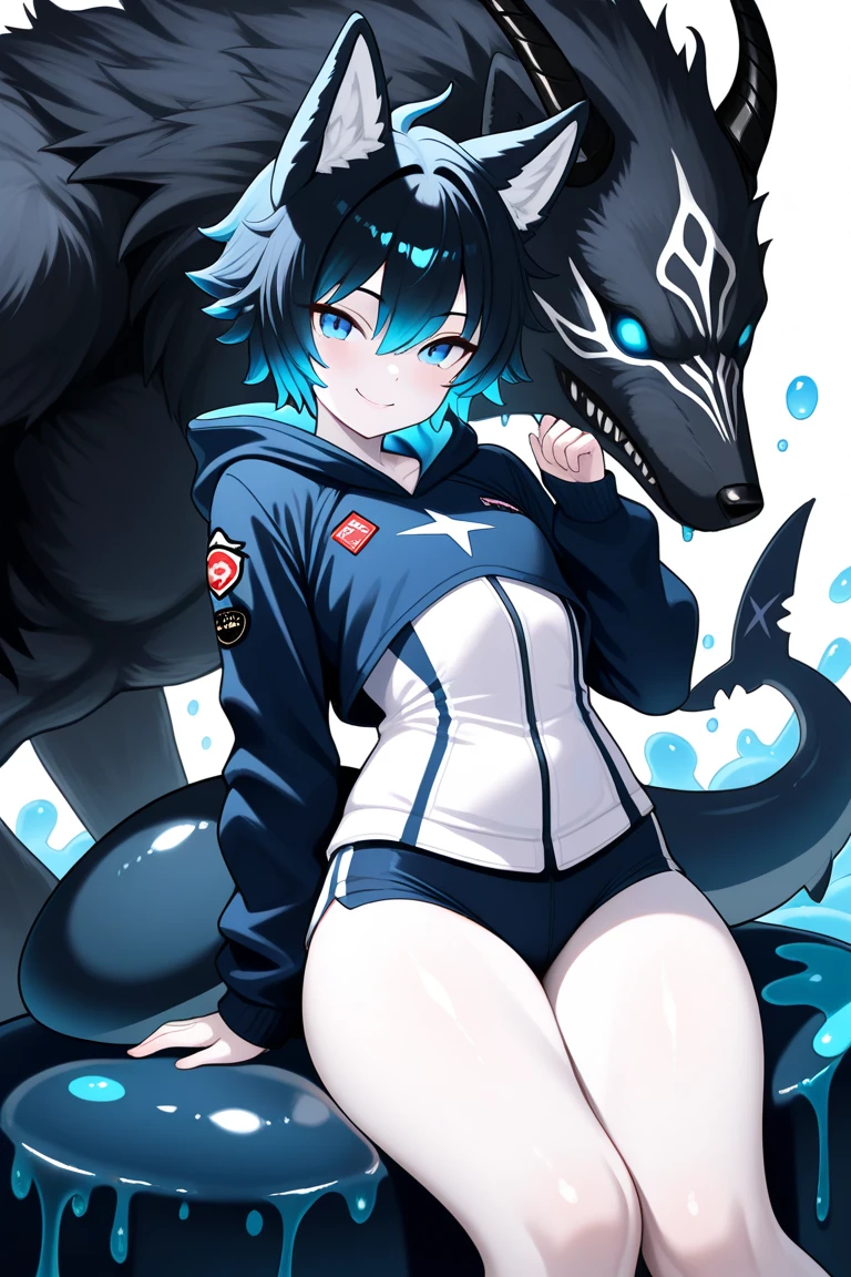 A cute illustration of Gawr Gura, the young shark-themed VTuber, wearing her signature blue hoodie with a shark tail and hood. She has white hair with blue tips and big blue eyes. Gawr Gura is holding a trident and is surrounded by small, adorable shark plushies, expressive face. The background is simple and easy
