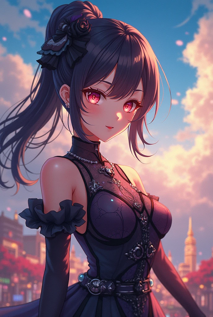 kurumitokisaki, tokisaki kurumi, clock eyes, black hair, twintails, (red eyes:1.2), (yellow eyes:1.3), heterochromia, (medium breast:1.3), smile, BREAK hairband, dress, bow, ribbon, BREAK looking at viewer, BREAK outdoors, city, BREAK (masterpiece:1.2), best quality, high resolution, unity 8k wallpaper, (illustration:0.8), (beautiful detailed eyes:1.6), extremely detailed face, perfect lighting, extremely detailed CG, (perfect hands, perfect ???????), Black bikini:1.4,