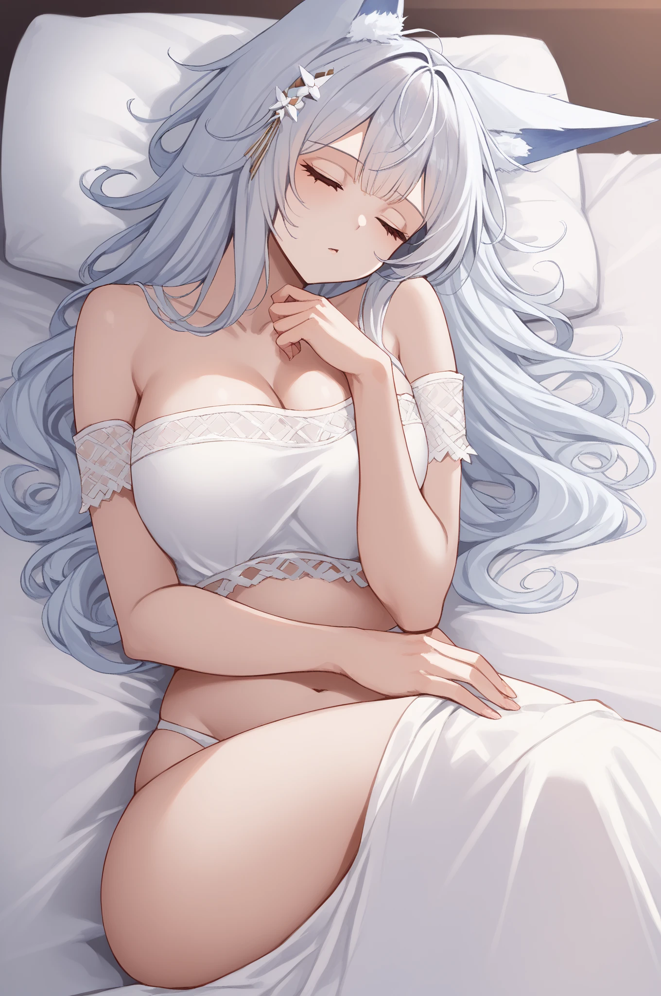 tmasterpiece, high high quality, A high resolution, Alone, Girl with light white hair ,Braid details (Colossal tits, Camel toe is very obvious, The nipple contour is pronounced, Wet white bikini, Sweating profusely, Beautiful feet,Lie down in bed,Sexually suggestive liquid) Female bed, unkempt, cosmetics, to express happiness, keen vision, lie, from the above,((legs are open)) Both thighs thick, open your mouth and scream, The head is tilted back, eyes closed tight,Pretend to sleep, shaggy, Heavy breathing, expression of anguish, Reddening cheeks, staging,Light white fishnet stockings wrap the thighs