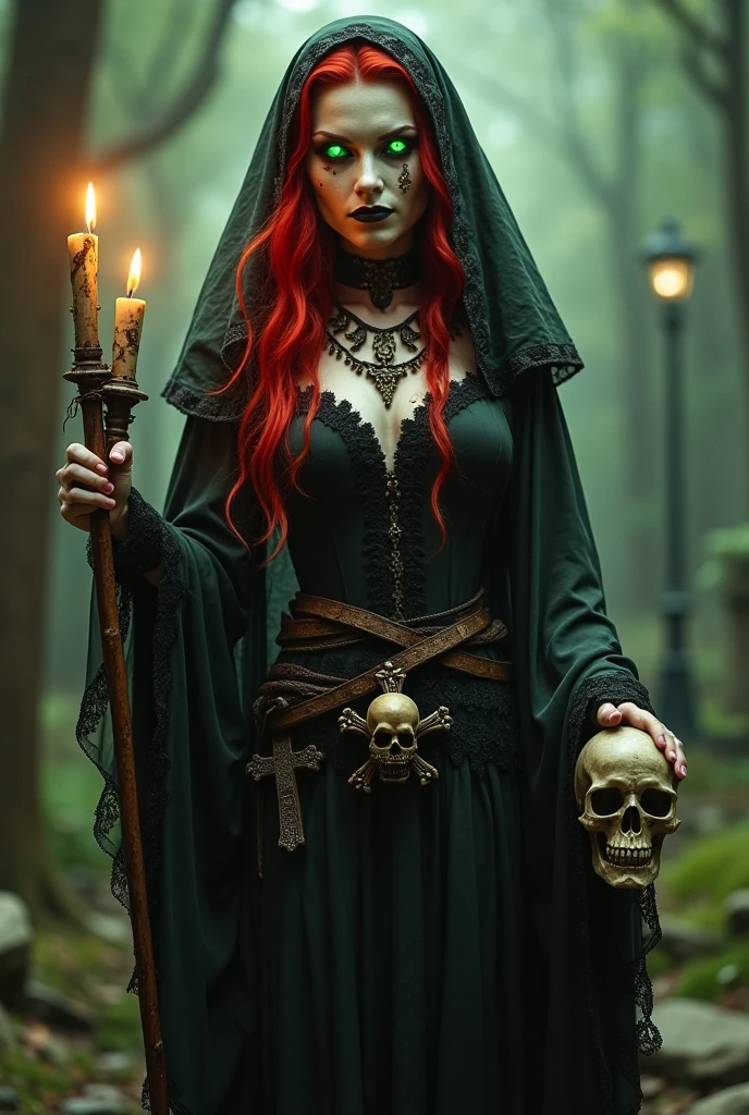 (full body shot:1) photorealistic image of a (standing pose:1) ultrarealistic, photography, long red hair, woman, 24 years old, hourglass figure, perfect body, seductive look, natural medium breasts, blur background, female grim reaper cosplay, cleavage, wearing a dark hooded cloak and wielding a scythe, she is standing in the doorway with darkness behind her and a thick mist surrounding her, blood is on the scythe, she is holding a skull in her other hand, full body shot, full body, full body picture
