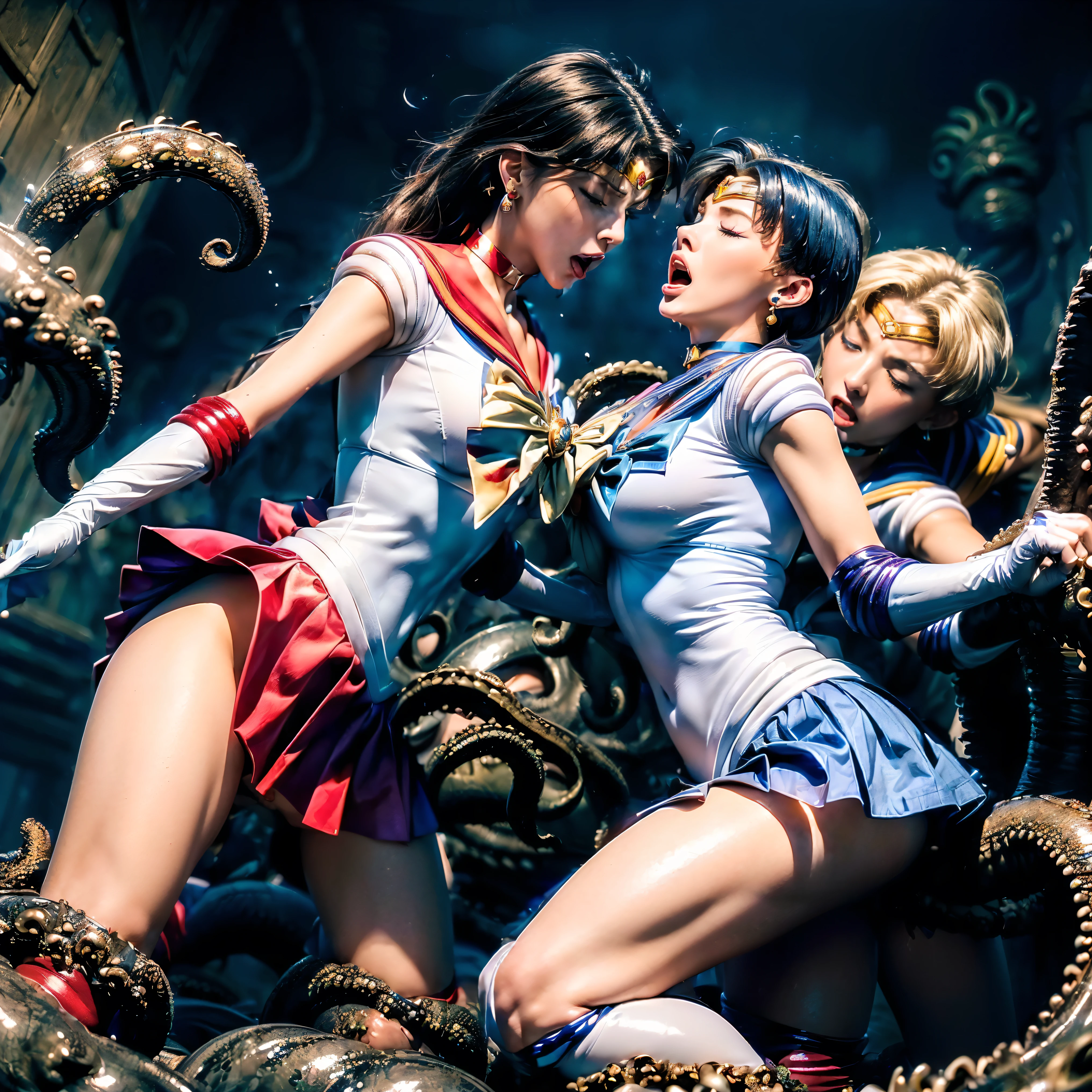 (The 8k quality, Ultra-high resolution quality, Ultra high definition, Photorealistic, Best Quality):5.5, (master piece):5.0, (no nsfw, (Beautifully shaped sailor mercury fighting KRAKEN, mercury, mer1, tiara, (wearing sailor senshi uniform, blue sailor collar, bow, knee boots, choker, white gloves, blue choker, elbow gloves, jewelry, earrings, blue skirt, white pantie) , a little smaller breasts, bending backward, kneeling, medium build, medium height, long length straight hair):15.0, (sailor mercury's body bound by many Kraken legs):10.0, (Beautifully shaped screaming expression face, closed eyes):8.0,