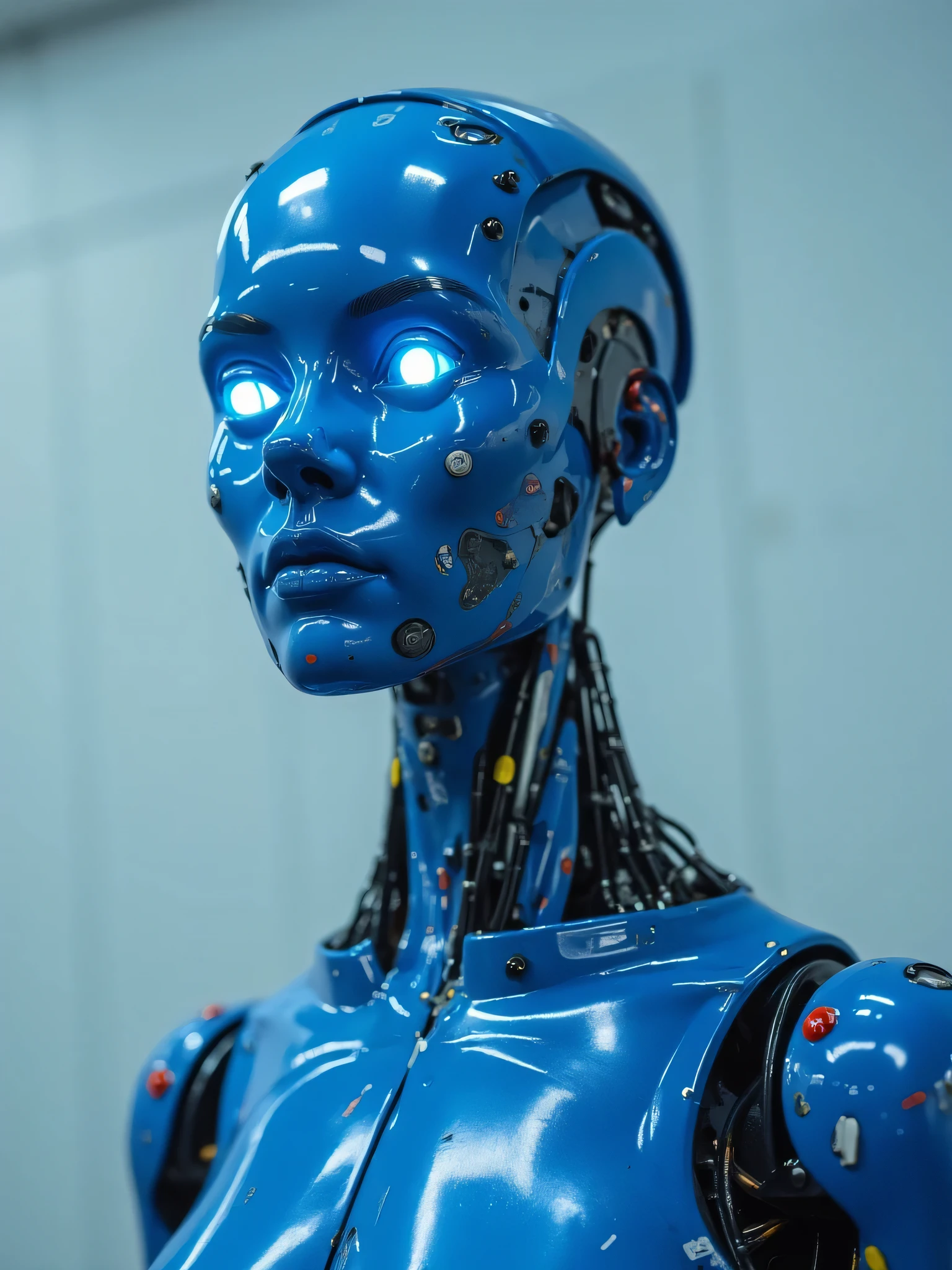 Award-Winning Wallpaper, portrait photography. A blue female crash test dummy stands in front of a blank wall. Full body, side profile, close shot. She has no hair, and LED lights for eyes, one of which is not working. Various markings, numbers and arrows on her body show access points and key damage points. She is looking at the viewer, waiting for her next directions.